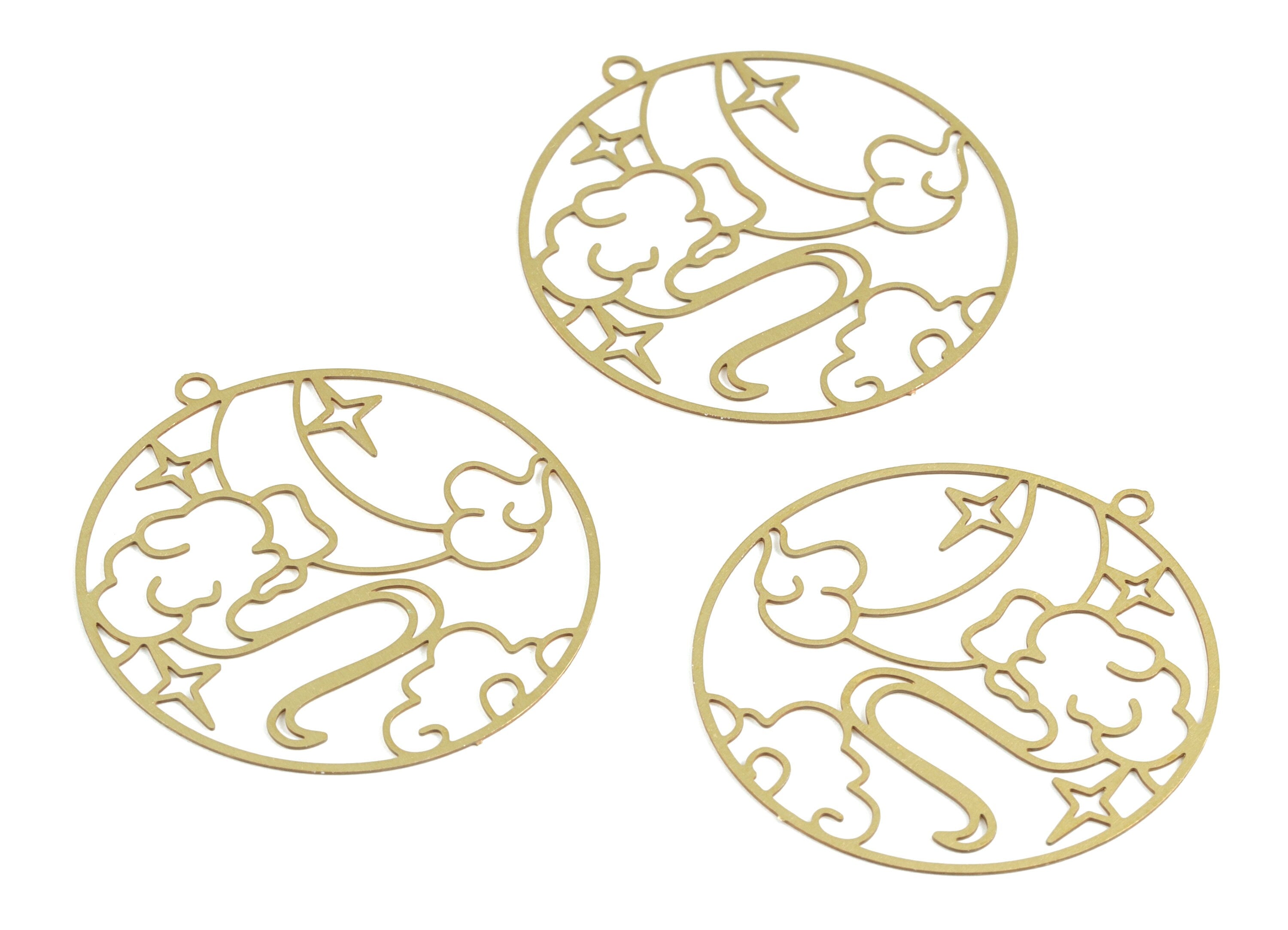Brass Cloud Stars Crescent Earring Charms - Raw Brass Moon Star Circle Pendant - Jewelry Supplies - 32.21x29.75x0.3mm - JJB6284 - DOMEDBAZAAR