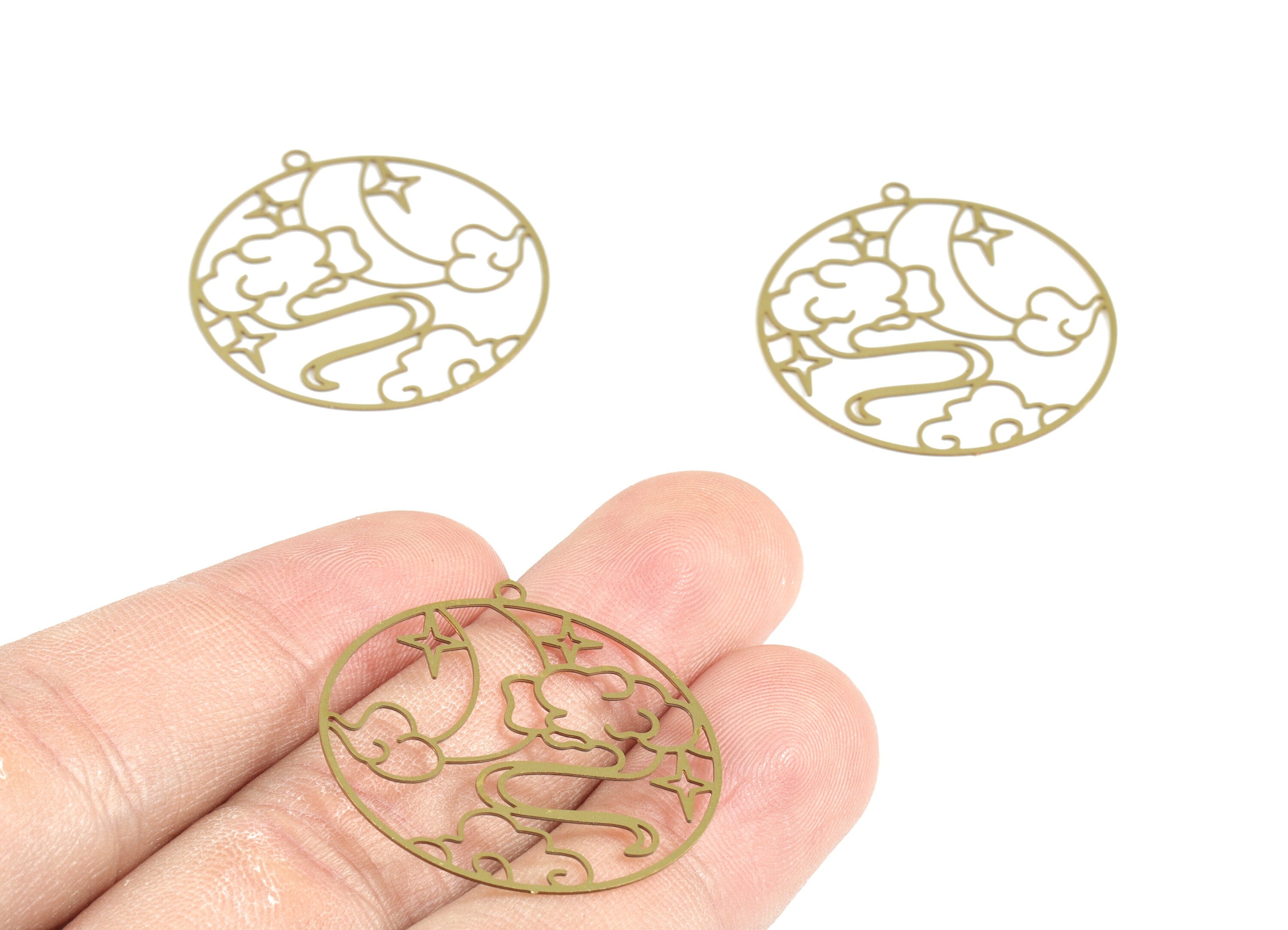 Brass Cloud Stars Crescent Earring Charms - Raw Brass Moon Star Circle Pendant - Jewelry Supplies - 32.21x29.75x0.3mm - JJB6284 - DOMEDBAZAAR