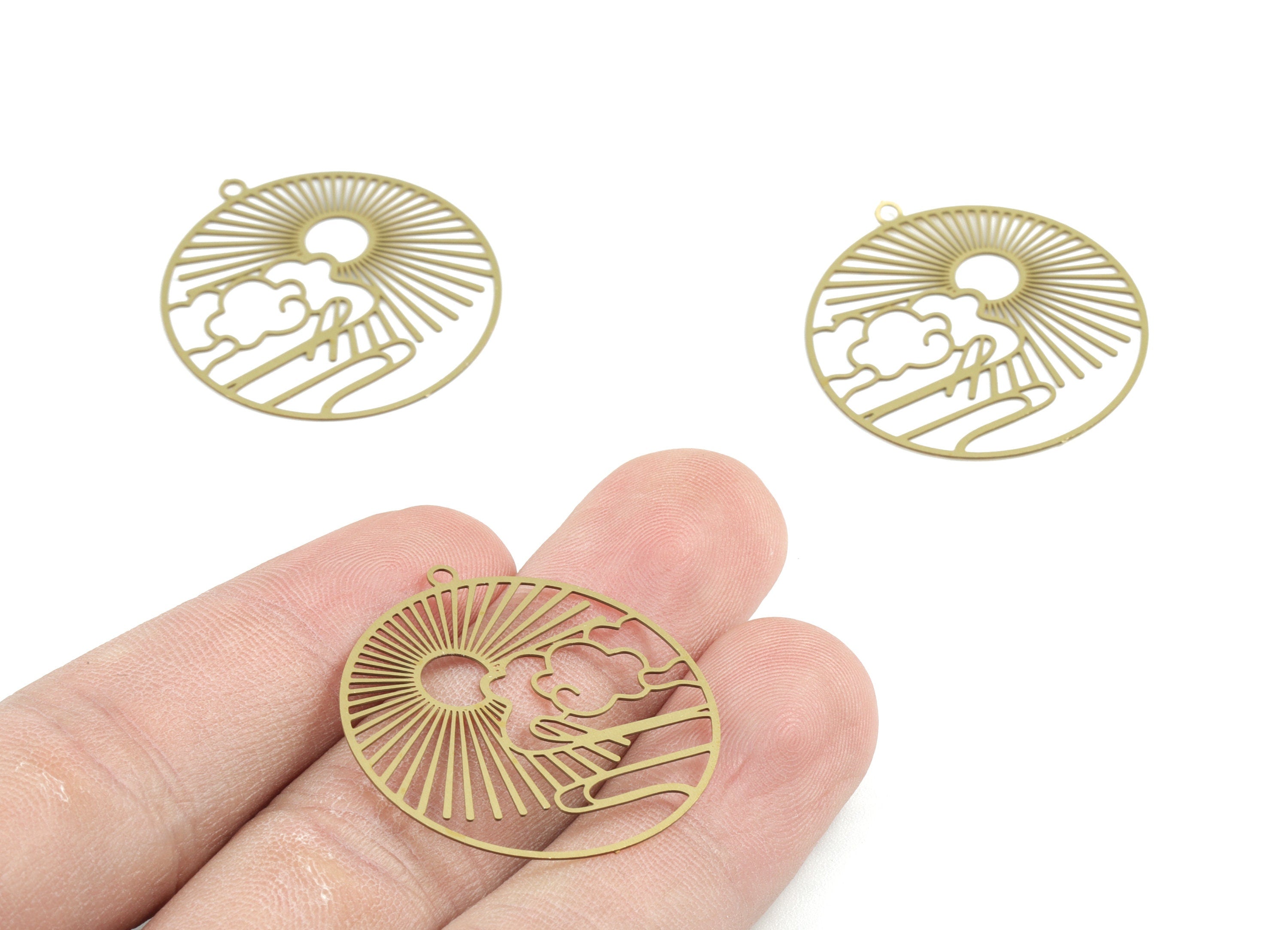 Brass Cloud Sun Circle Earring Charms - Raw Brass Sun Clouds Round Pendant - Earring Findings - Jewelry Supplies - 32x29.8x0.29mm - JJB6287 - DOMEDBAZAAR
