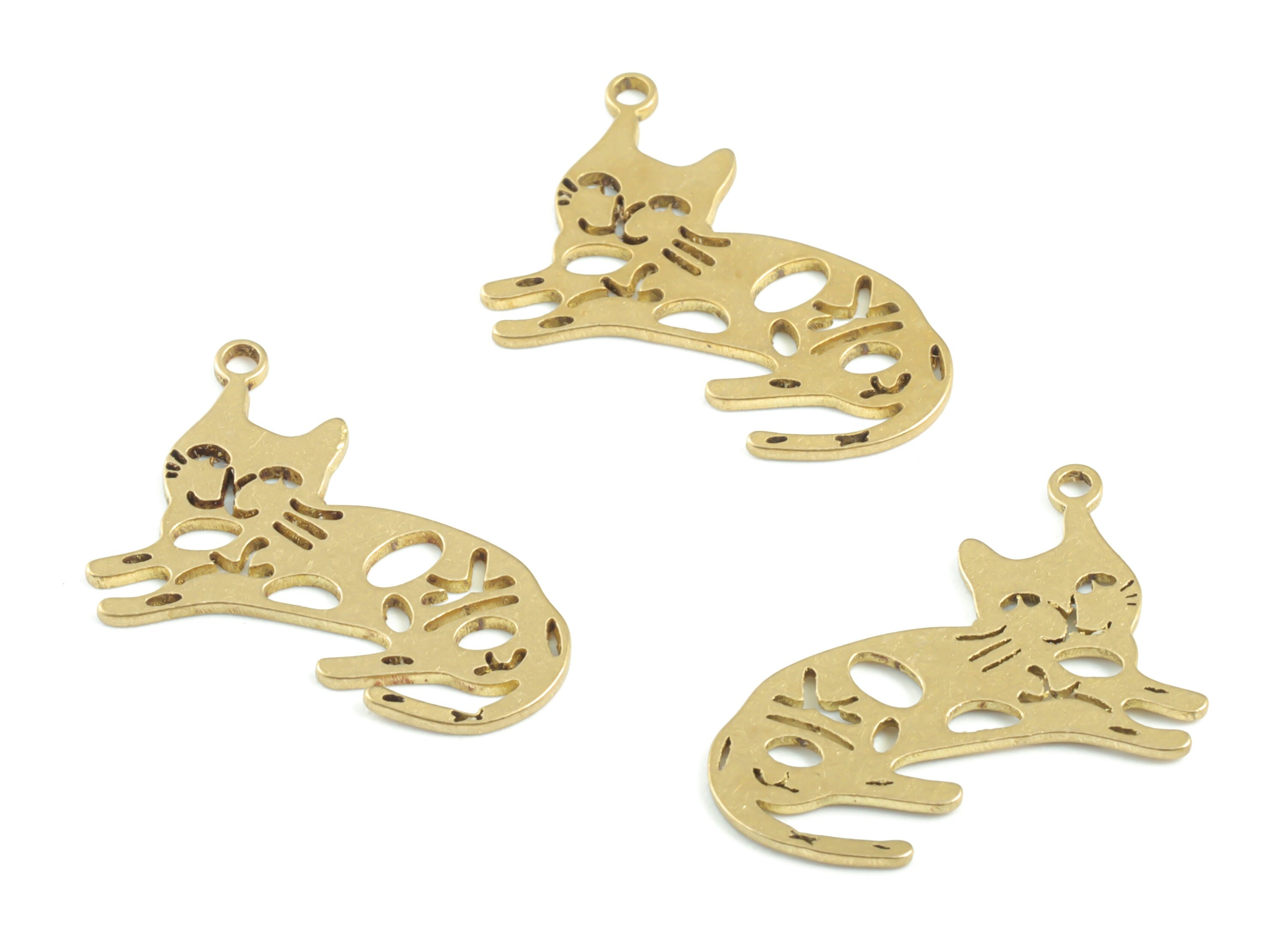 Brass Cat Earring Charms - Raw Brass Cat Pendant - Earrings Finding - Jewelry Supplies - 23.17x14.28x0.78mm - PPM3369 - DOMEDBAZAAR