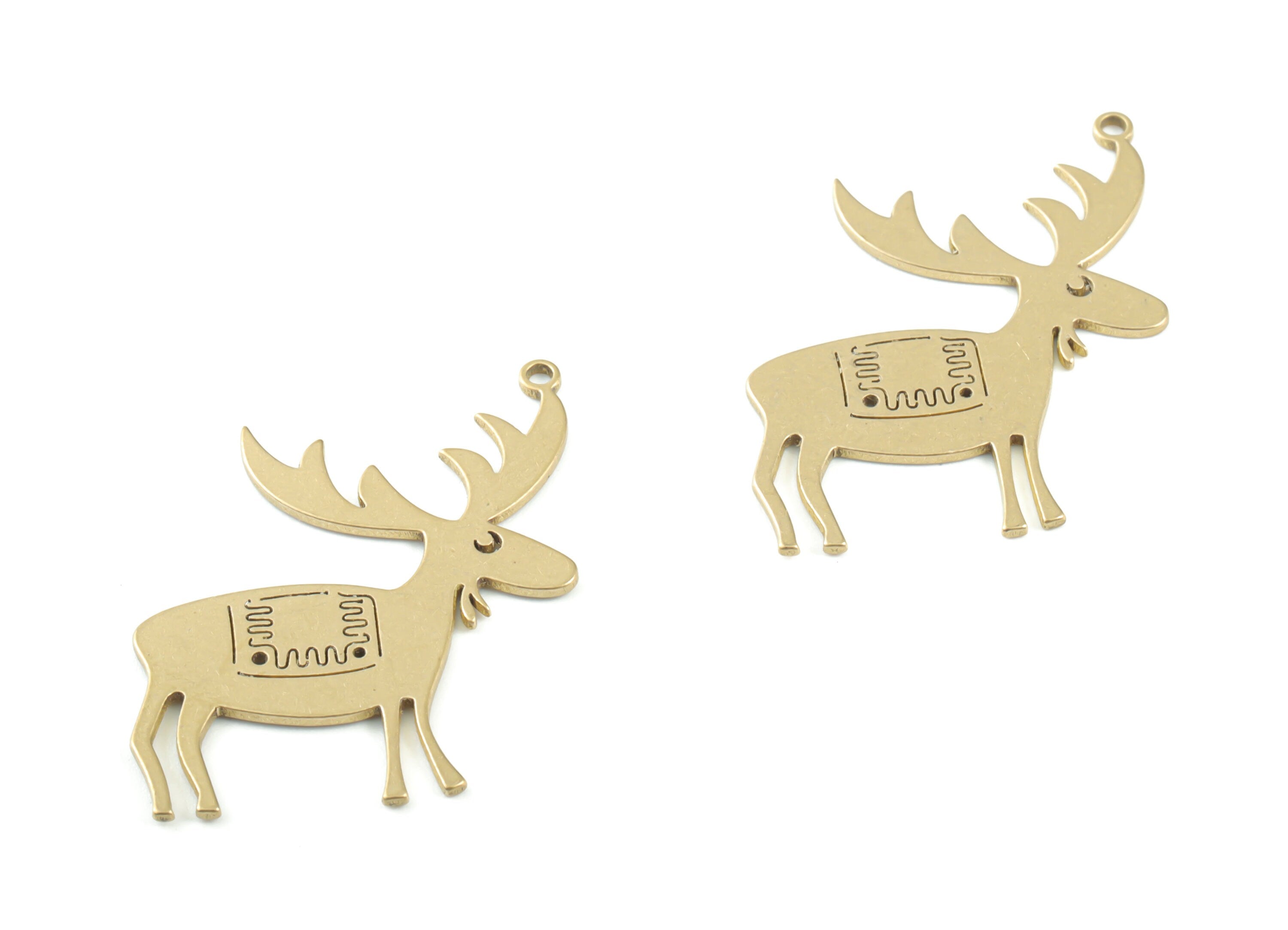 Brass Reindeer Earring Charms - Raw Brass Deer Pendant - Earrings Finding - Jewelry Supplies - 37.22x23.88x0.93mm - PPM3315 - DOMEDBAZAAR