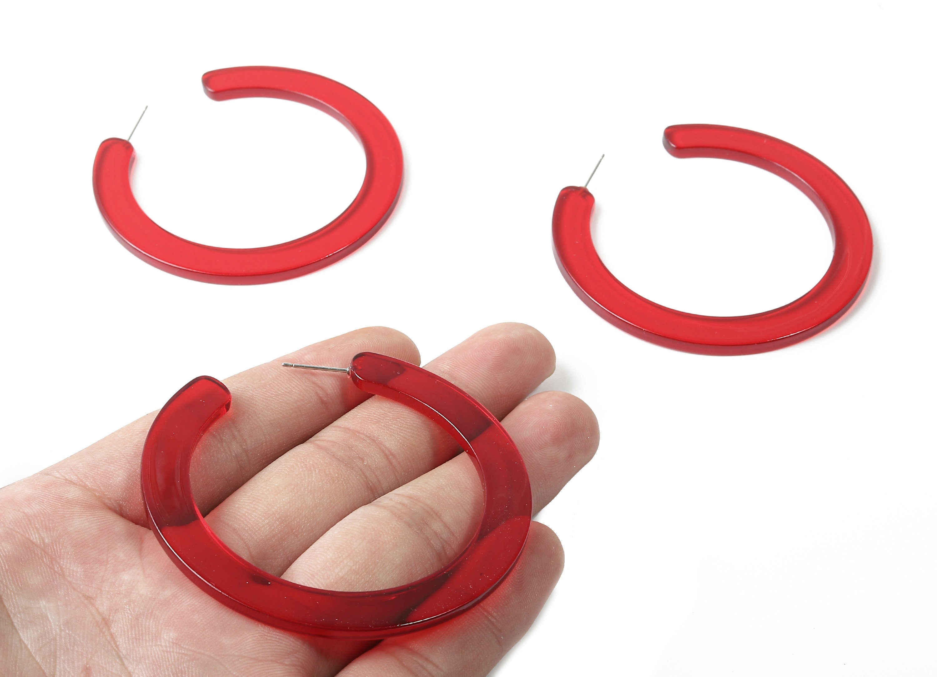 Open Hoop Earrings Stud - 2.5 inch Hoop Earring - Red Acetate Round Earring Post Open Circle - Color Code: A67 - 63.5x2.5mm - AC1572-A67 - DOMEDBAZAAR