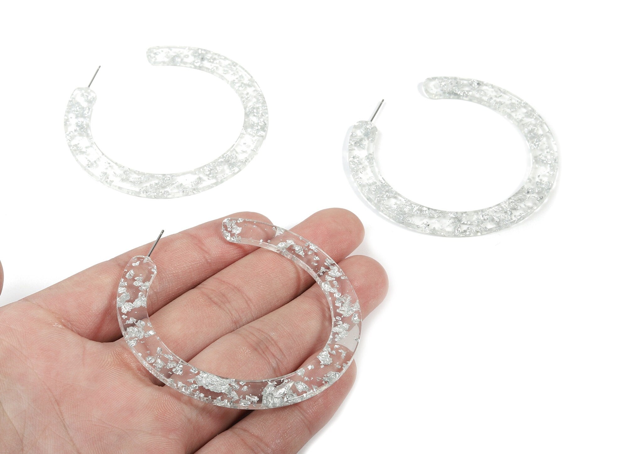 Open Hoop Earrings Stud - 2.5 inch Hoop Earring - Silver Foil Clear Acetate Round Earring Post - Color Code: A254 - 63.5x2.5mm - AC1572-A254 - DOMEDBAZAAR
