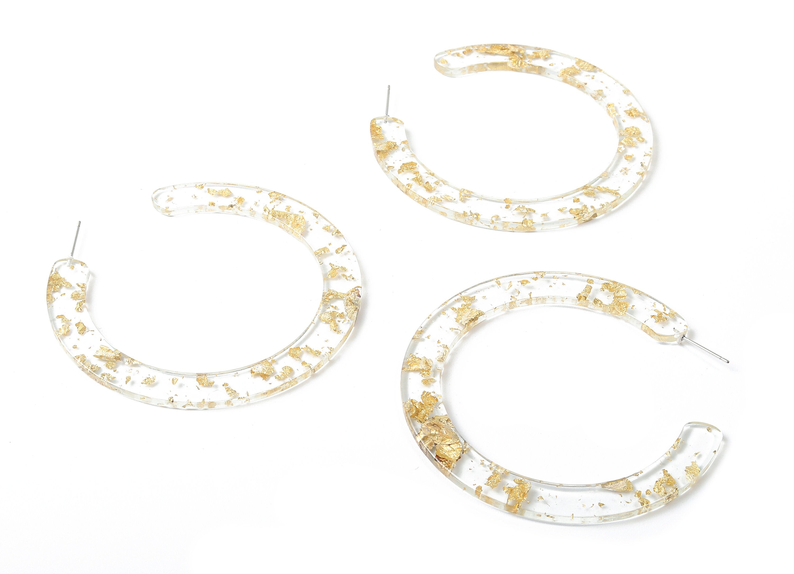 Open Hoop Earrings Stud - 2.5 inch Hoop Earring - Gold Foil Clear Acetate Round Earring Post - Color Code: A255 - 63.5x2.5mm - AC1572-A255 - DOMEDBAZAAR