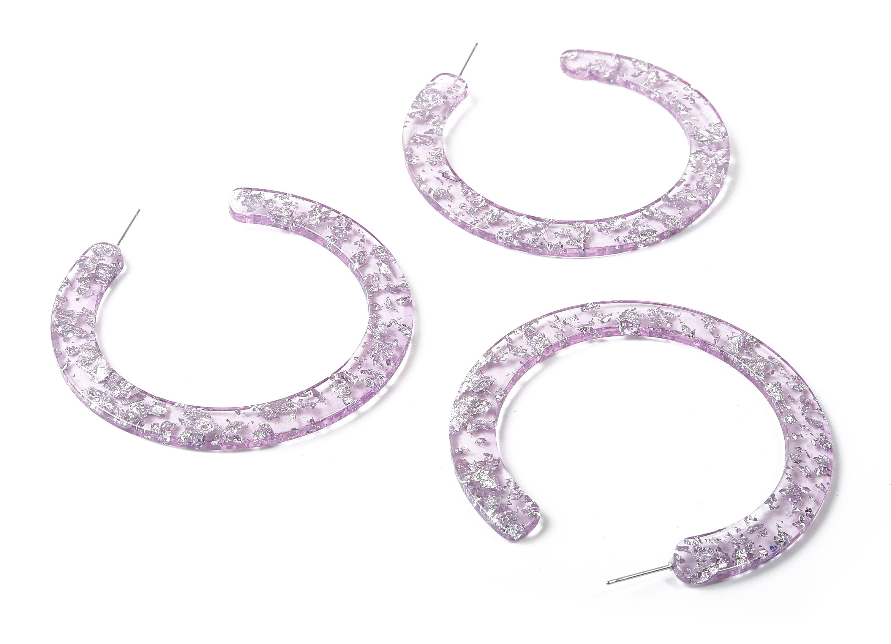 Open Hoop Earrings Stud - 2.5 inch Hoop Earring - Silver Foil Purple Acetate Round Earring Post - Color Code:A375 - 63.5x2.5mm - AC1572-A375 - DOMEDBAZAAR