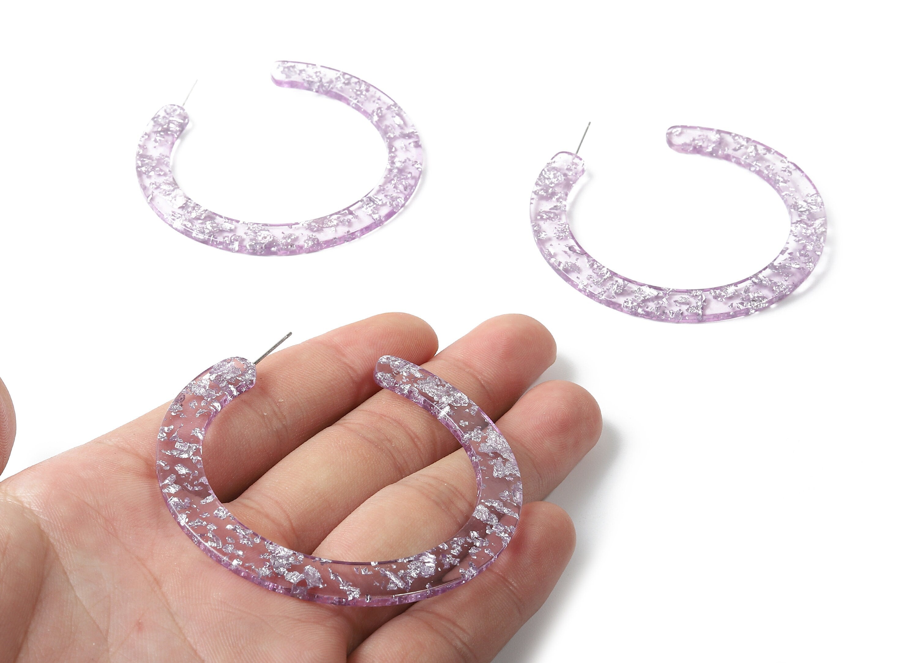 Open Hoop Earrings Stud - 2.5 inch Hoop Earring - Silver Foil Purple Acetate Round Earring Post - Color Code:A375 - 63.5x2.5mm - AC1572-A375 - DOMEDBAZAAR
