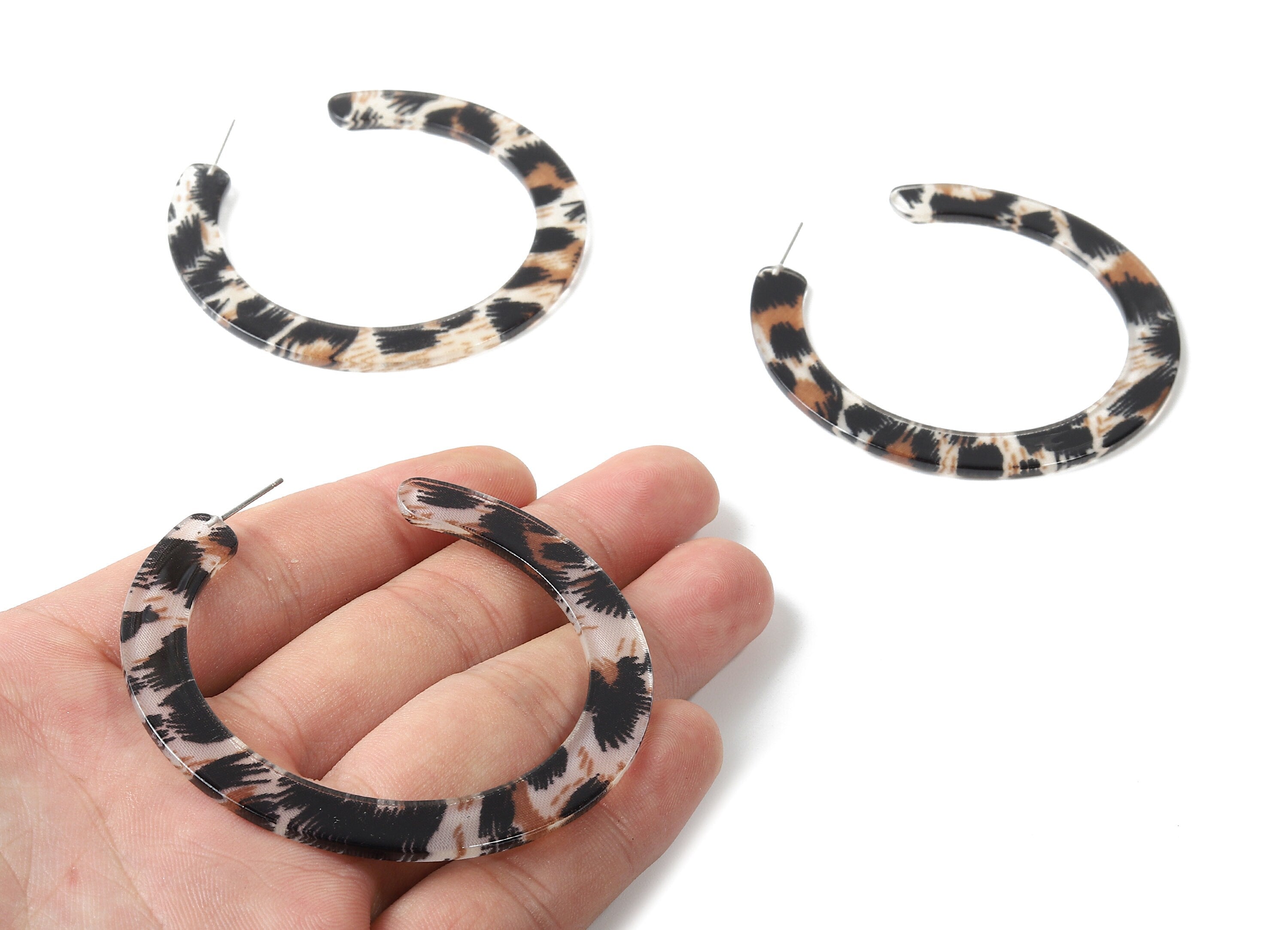 Open Hoop Earrings Stud - 2.5 inch Hoop Earring - Leopard Acetate Round Earring Post - Circle - Color Code:A296 - 63.5x2.5mm - AC1572-A296 - DOMEDBAZAAR
