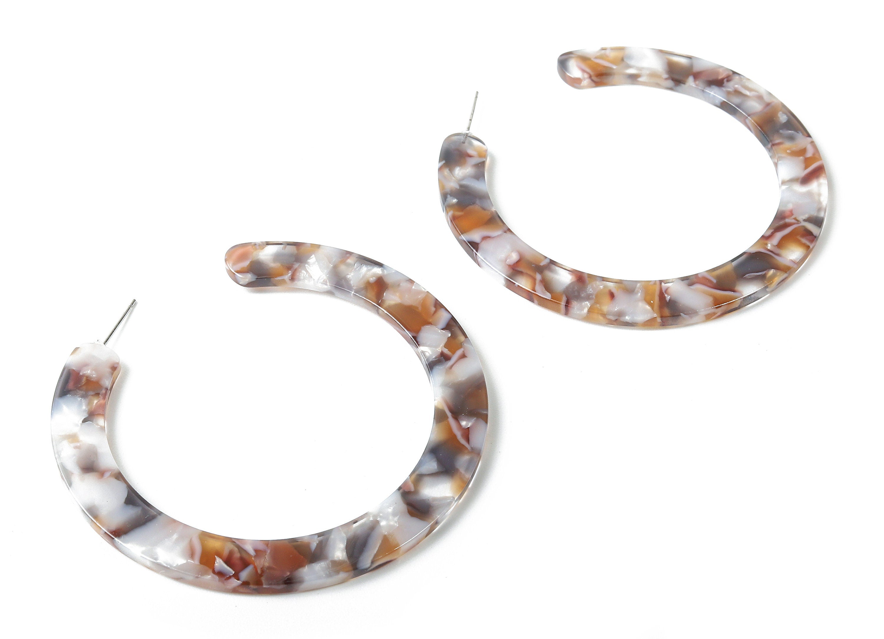 Open Hoop Earrings Stud - 2.5 inch Hoop Earring - Brown Ivory Acetate Round Earring Post - Color Code : A372 - 63.5x2.5mm - AC1572-A372 - DOMEDBAZAAR