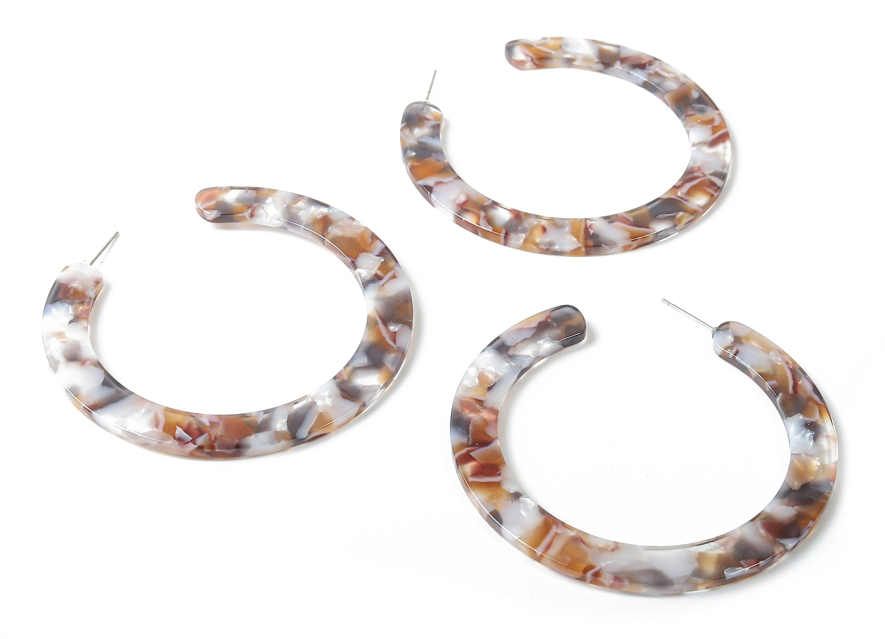 Open Hoop Earrings Stud - 2.5 inch Hoop Earring - Brown Ivory Acetate Round Earring Post - Color Code : A372 - 63.5x2.5mm - AC1572-A372 - DOMEDBAZAAR