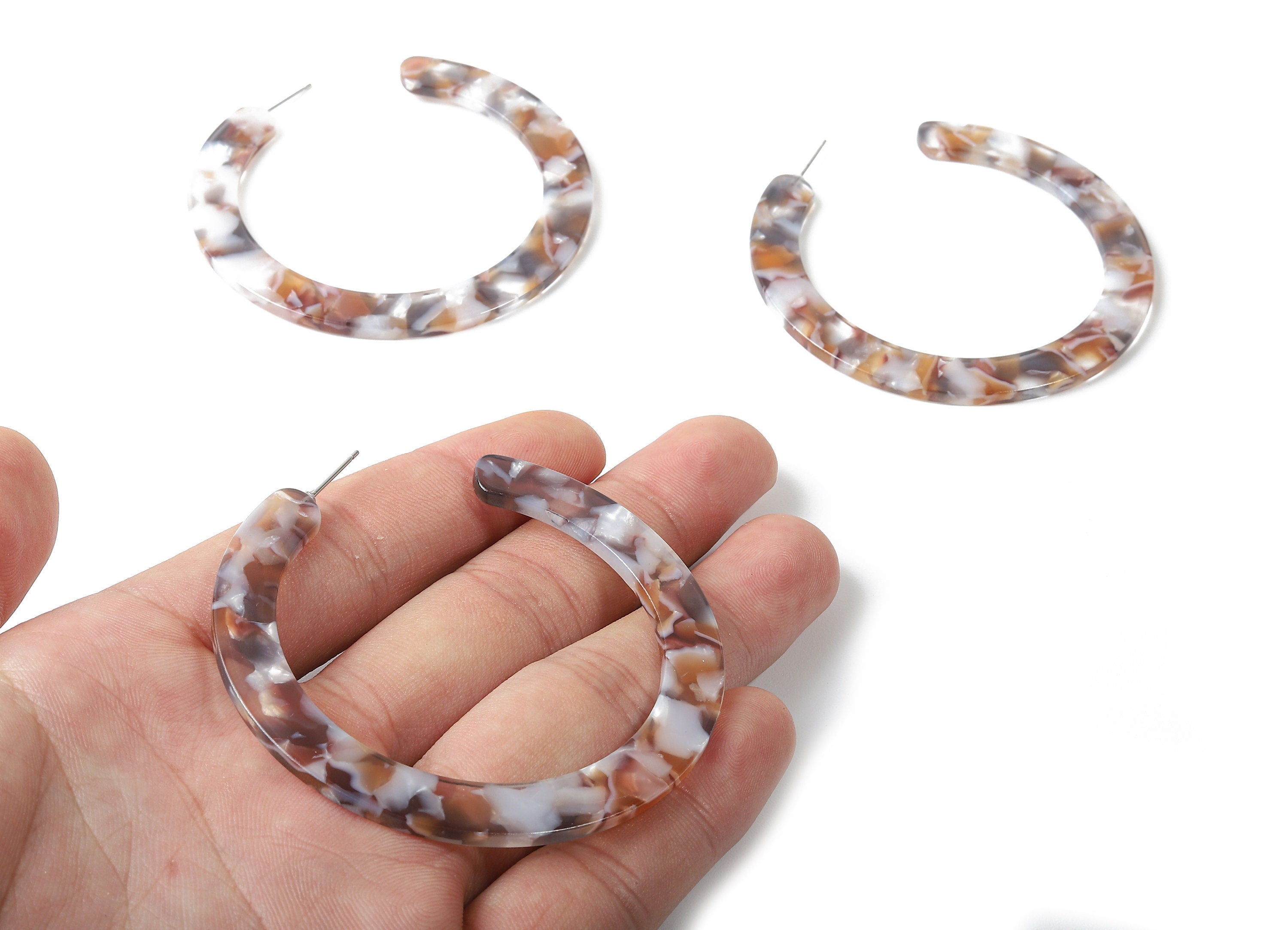 Open Hoop Earrings Stud - 2.5 inch Hoop Earring - Brown Ivory Acetate Round Earring Post - Color Code : A372 - 63.5x2.5mm - AC1572-A372 - DOMEDBAZAAR