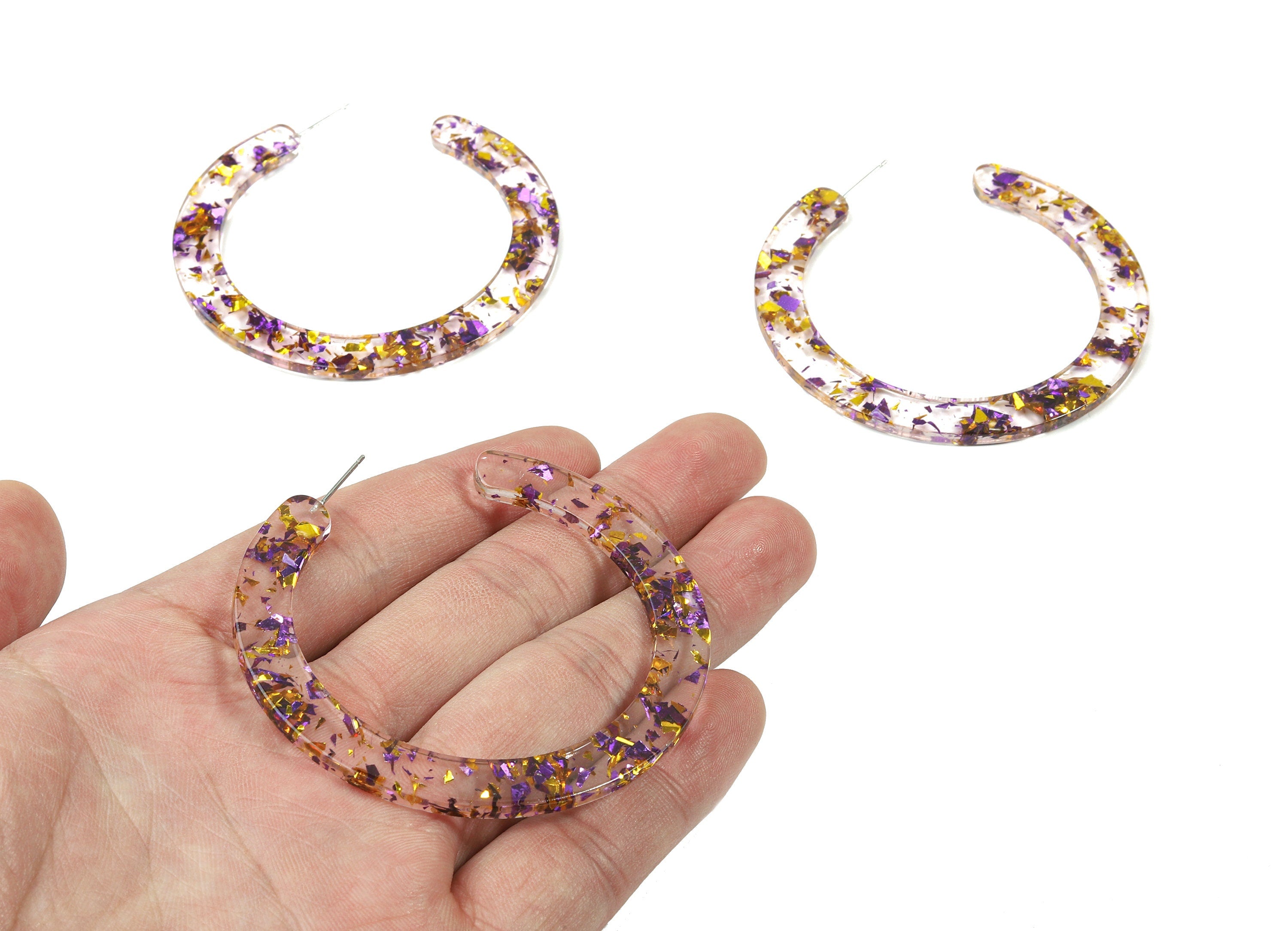 Open Hoop Earrings Stud - 2.5 inch Hoop Earring - Gold Purple Foil Clear Acetate Round Earring Post - Color :A388 - 63.5x2.5mm - AC1572-A388 - DOMEDBAZAAR