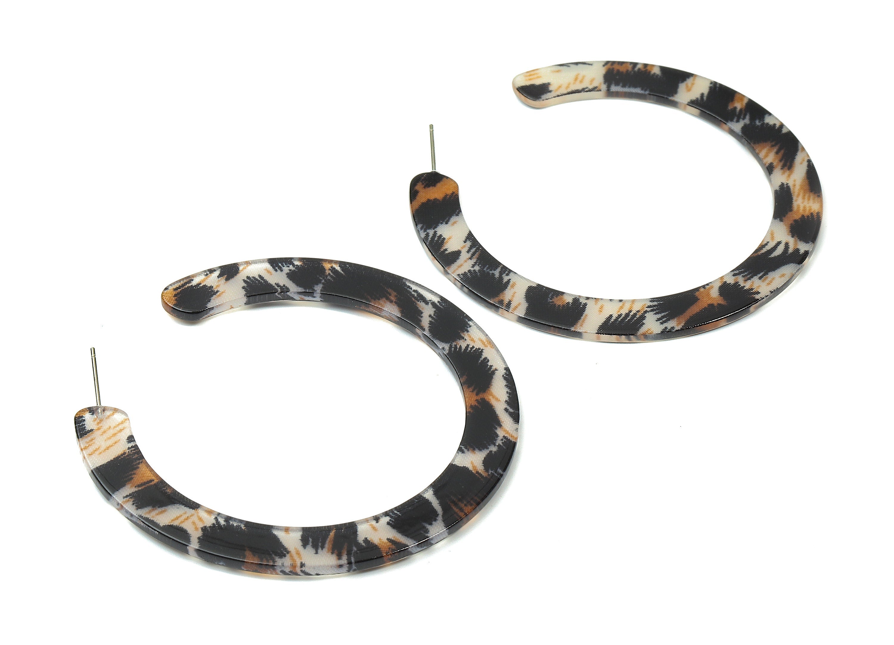 Open Hoop Earrings Stud - 2.5 inch Hoop Earring - Leopard Acetate Round Earring Post Circle - Color Code: A266 - 63.5x2.5mm - AC1572-A266 - DOMEDBAZAAR