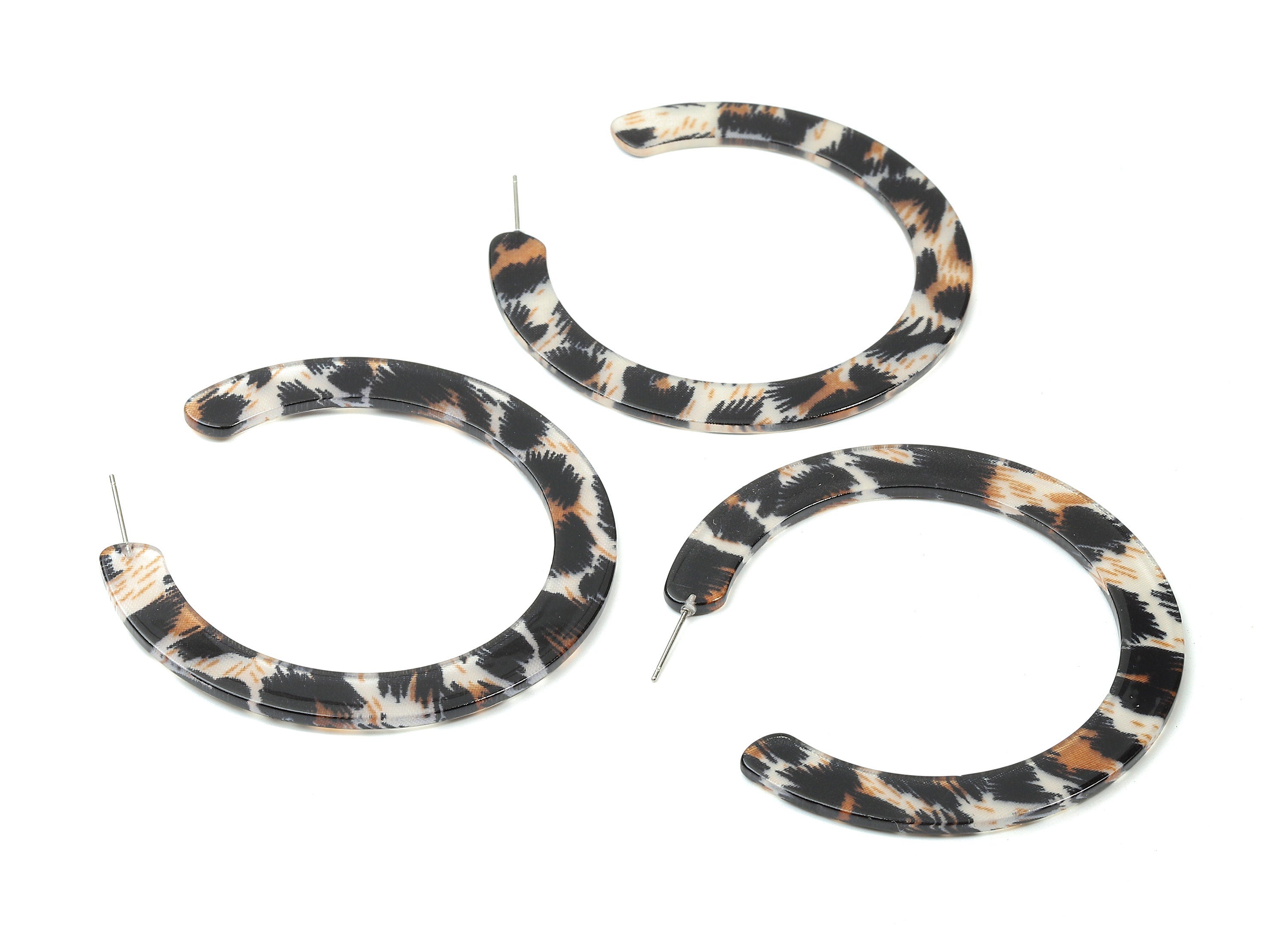 Open Hoop Earrings Stud - 2.5 inch Hoop Earring - Leopard Acetate Round Earring Post Circle - Color Code: A266 - 63.5x2.5mm - AC1572-A266 - DOMEDBAZAAR