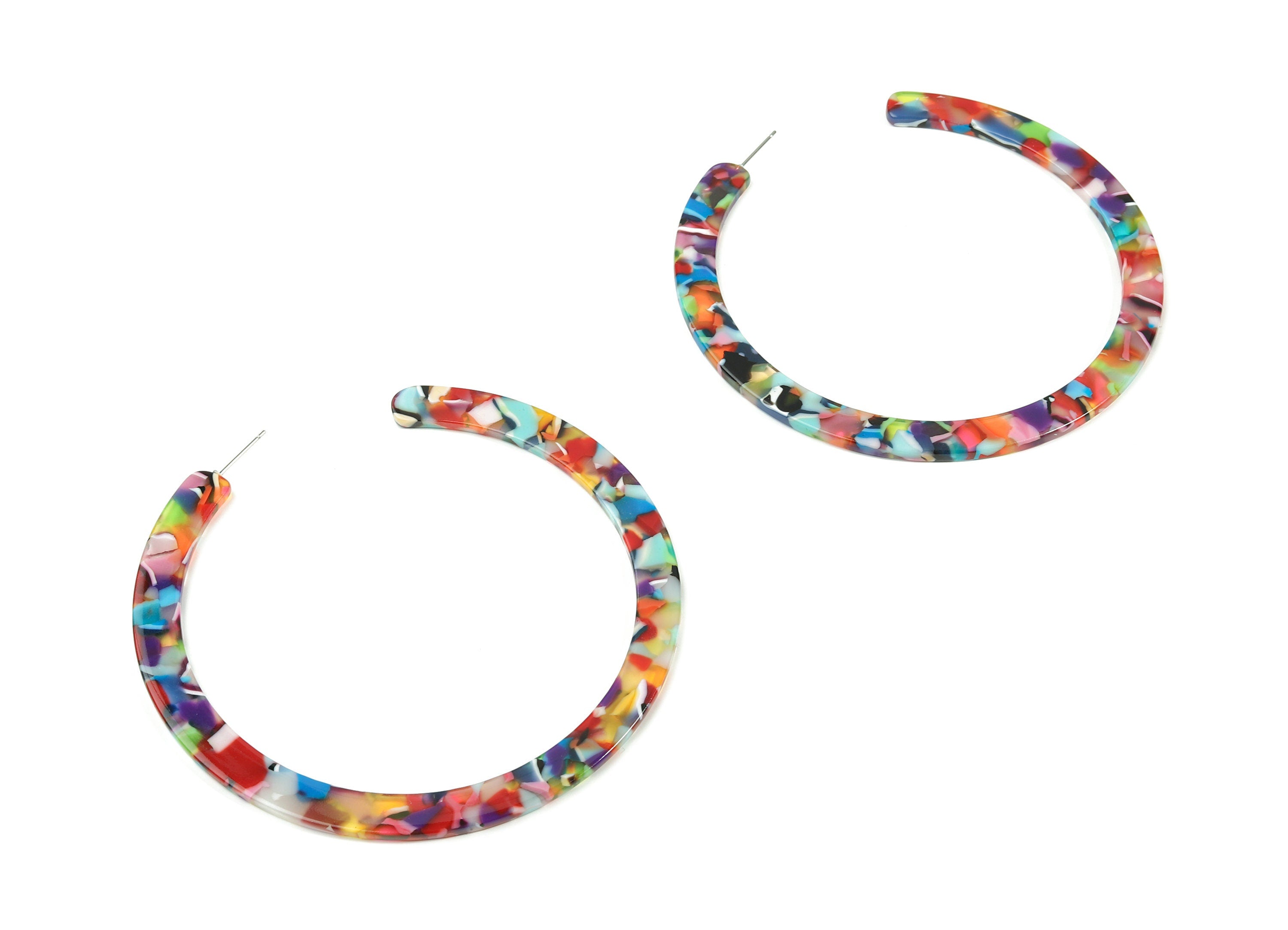 Open Hoop Earrings Stud - 3.3 inch Hoop Earring - Rainbow Acetate Round Earring Post - Open Circle - Color Code: A21 - 83x2.5mm - AC1838-A21 - DOMEDBAZAAR