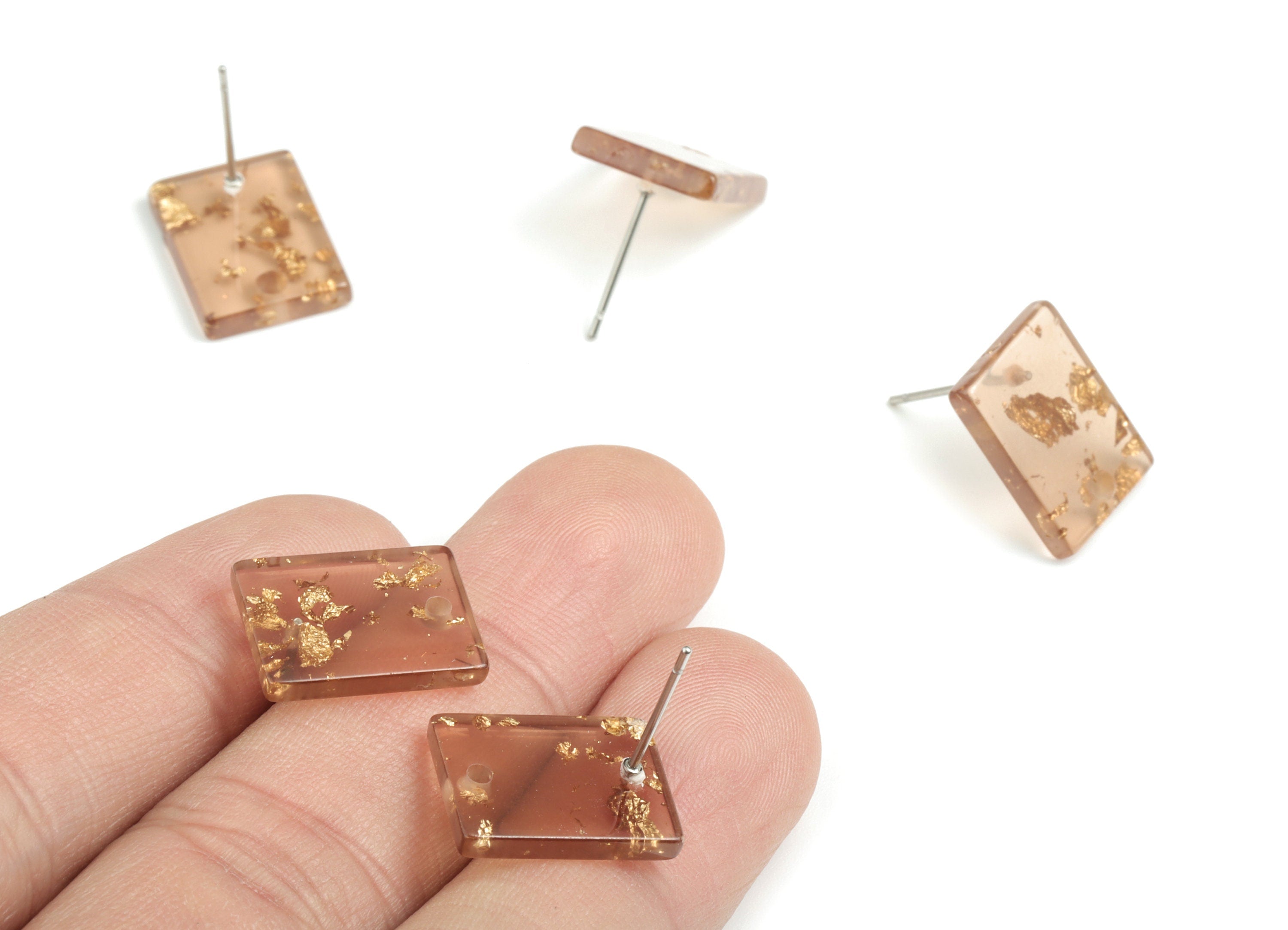 Acetate Rectangle Earring Stud - Brown & Gold Confetti - Rectangle Earring Post - Color Code: A518 - 15.43x11.72x2.5mm- AC1663-A518 - DOMEDBAZAAR