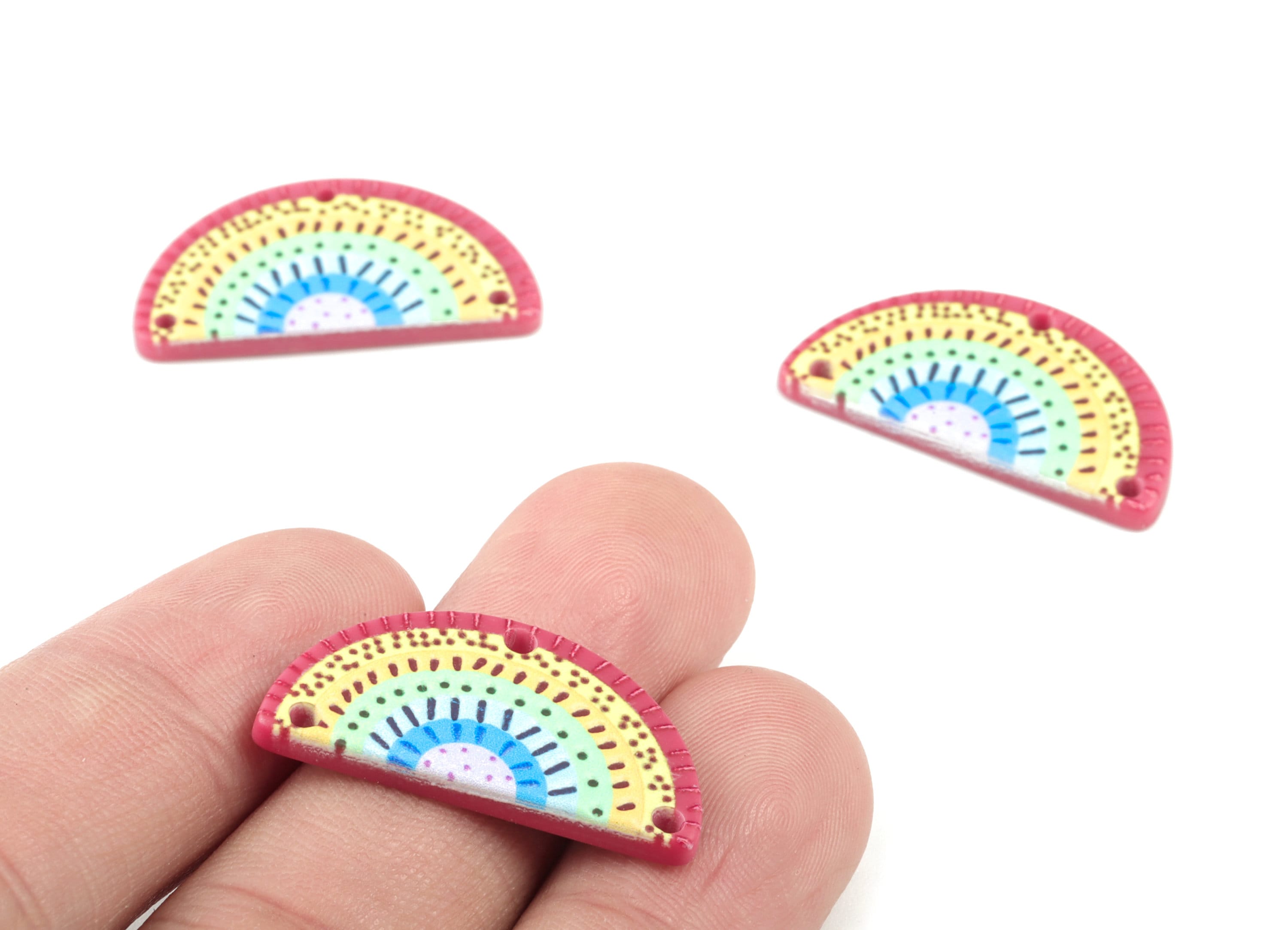 Acrylic Semi Circle Rainbow Earring Connector - 3 Holes -  Half Moon Connector For Earring and Necklace - 28.04x14.81x2.66mm - AC2037 - DOMEDBAZAAR
