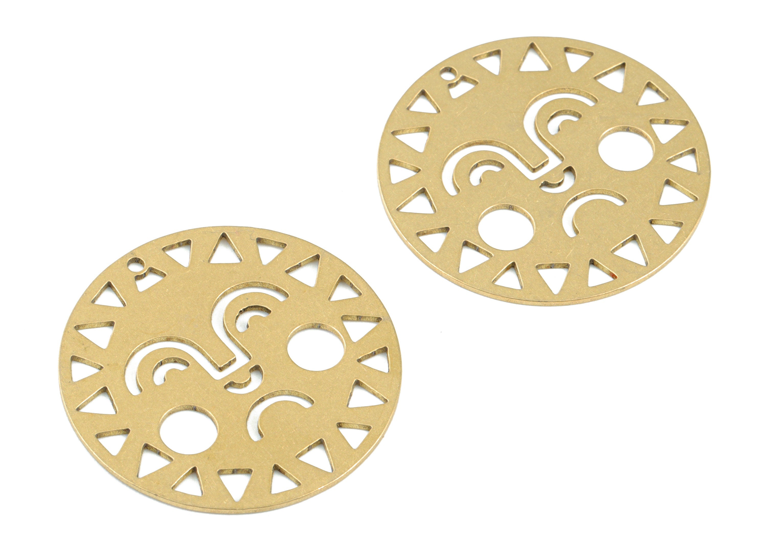Smiley Face Circle Pendant - Raw Brass Sun Face Round Earrings Charms - Jewelry Making Supplies - 30x30 x0.7mm - PPM3587 - DOMEDBAZAAR
