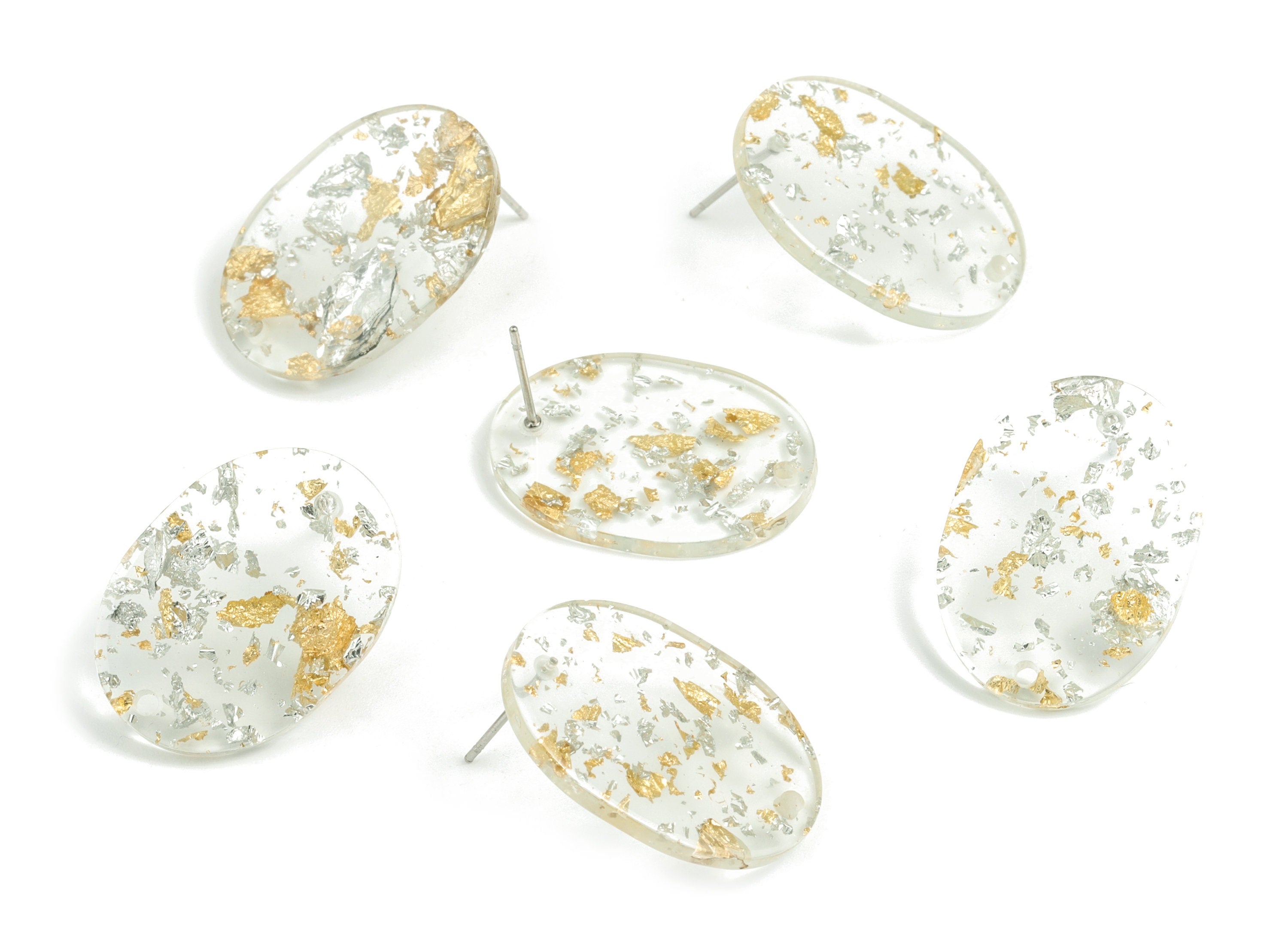Acetate Oval Earring Stud - Gold Silver Foil & Confetti Oval Earring Post and Stud - Color Code: A501 - 26x19x2.6mm - AC1002-A501 - DOMEDBAZAAR