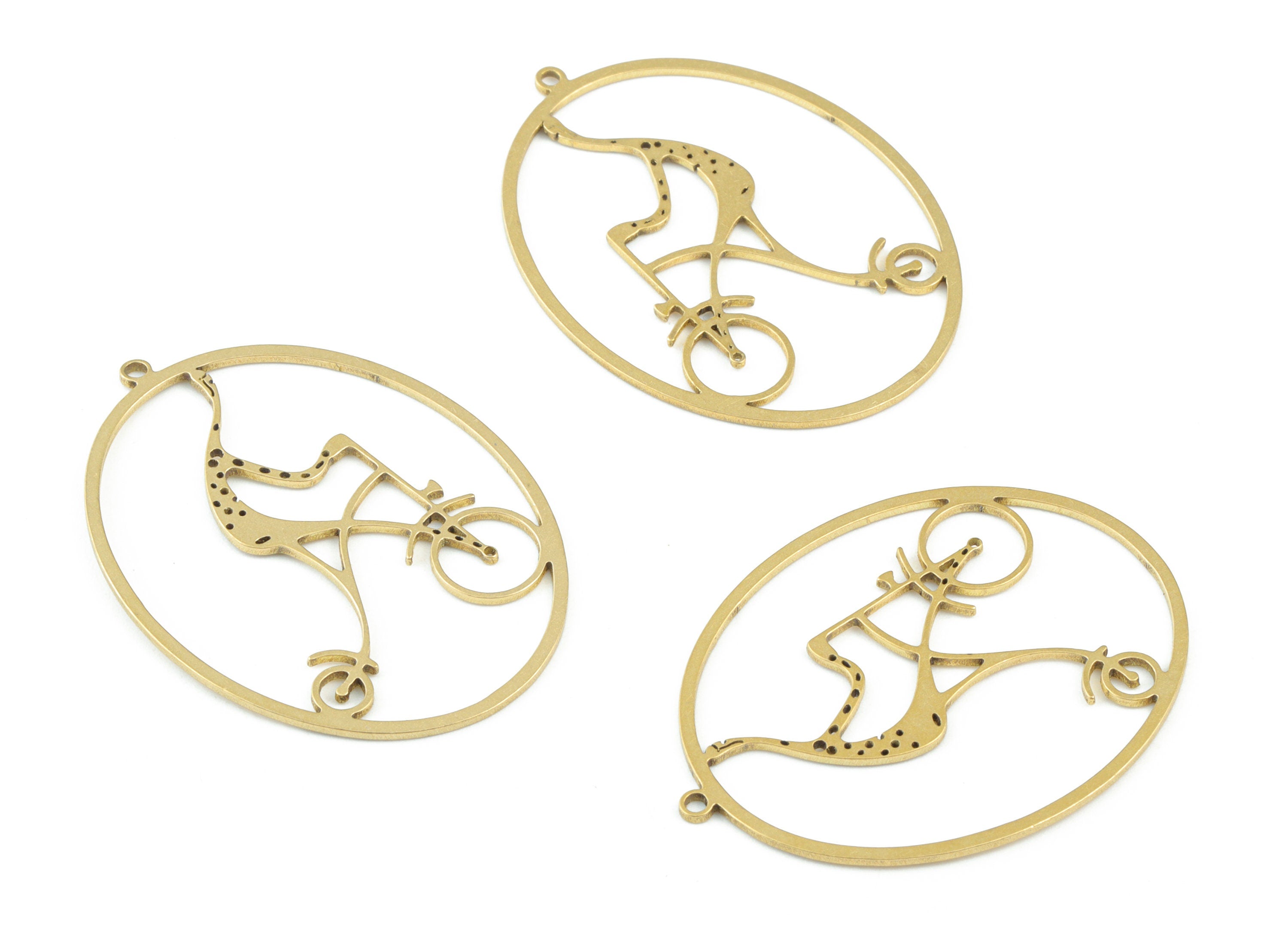 Giraffe Bike Oval Pendant - Raw Brass Biker Giraffe Oval Earring Charms --Oval Bike Charms -Jewelry Making Supplies - 40x30 x0.8mm - PPM3678 - DOMEDBAZAAR