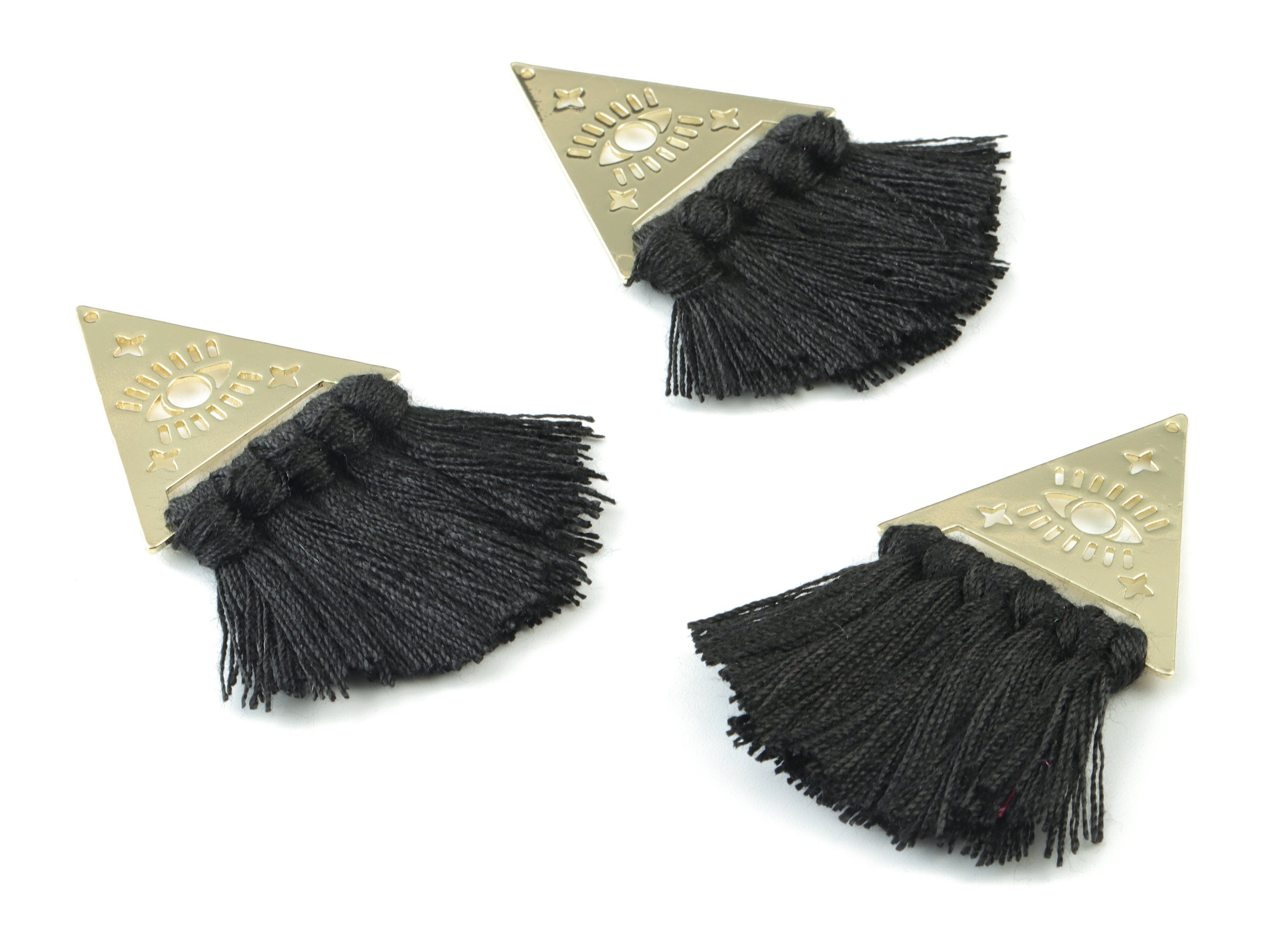 Gold Tone Plated Triangle Brass Cotton - Triangle Eye Tassel Earring Charms - Black Tassels - Fringe Tassel - 56.74x31.74x3.04mm - TSM3063B - DOMEDBAZAAR