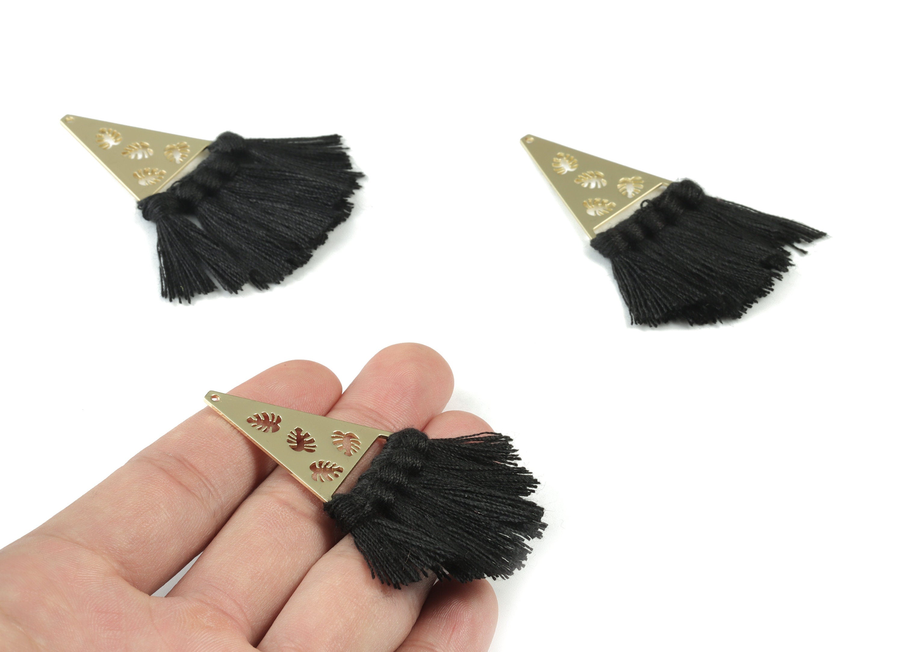 Gold Tone Plated Triangle Brass Cotton - Triangle Tassel Earring Charms - Black Tassels - Fringe Tassel - 64.98x24.92x3.41mm - TSM3084B - DOMEDBAZAAR