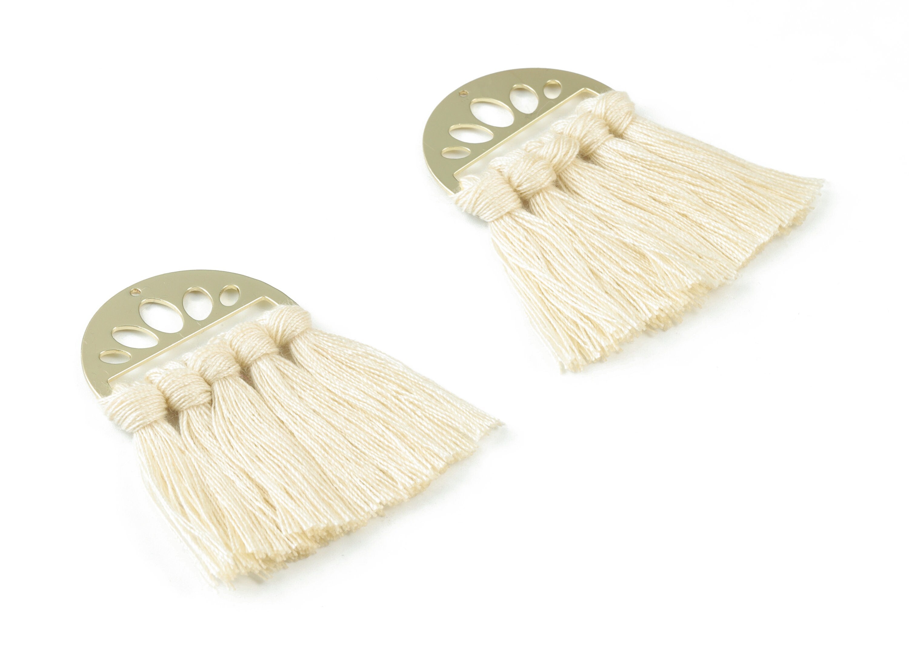 Gold Tone Plated Semi circle Brass - Half Moon Tassel Earring Charms - Cotton Cream Tassels - Fringe Tassel - 49.92x35.24x4.92mm - TSM3065C - DOMEDBAZAAR