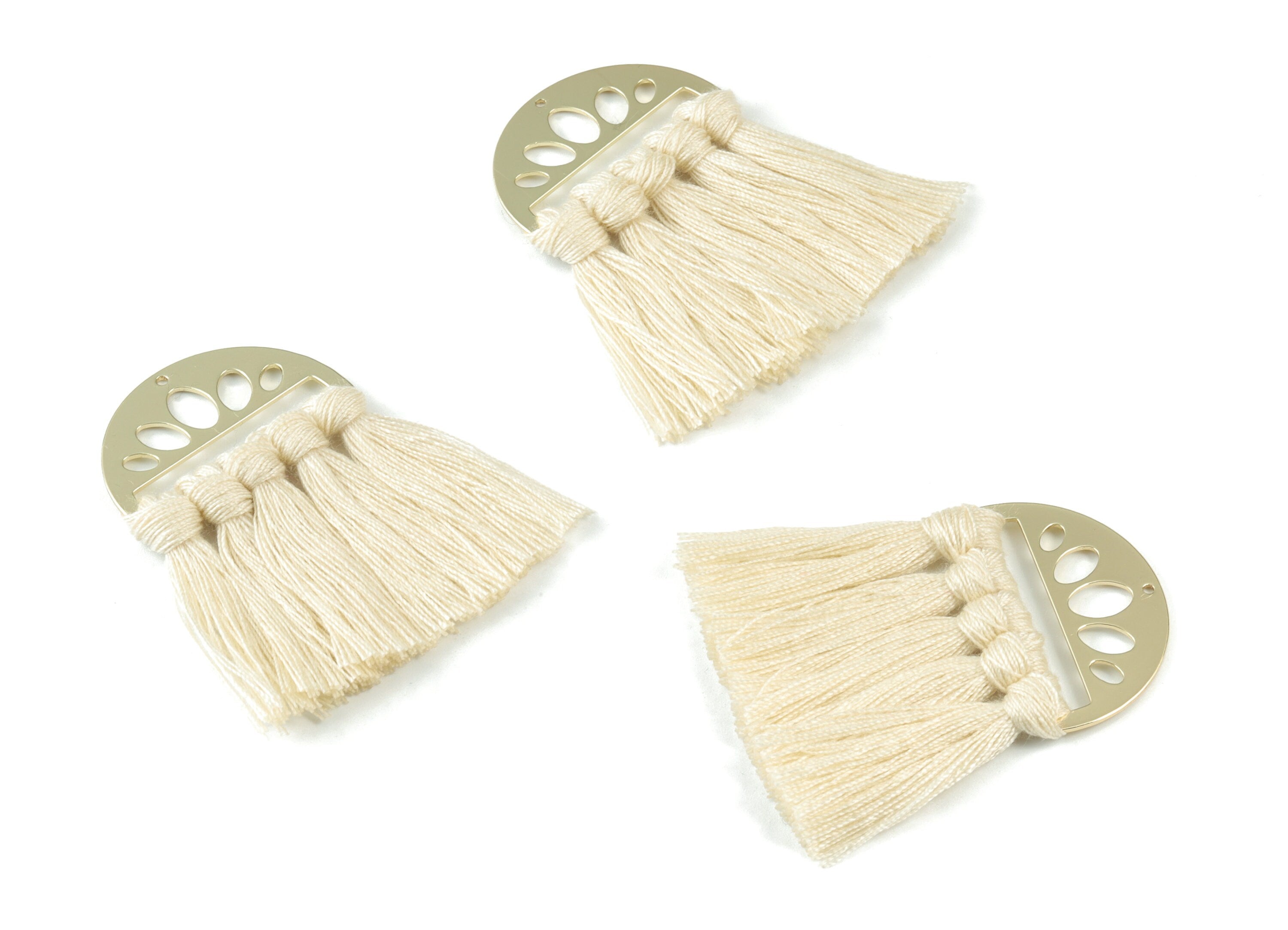 Gold Tone Plated Semi circle Brass - Half Moon Tassel Earring Charms - Cotton Cream Tassels - Fringe Tassel - 49.92x35.24x4.92mm - TSM3065C - DOMEDBAZAAR