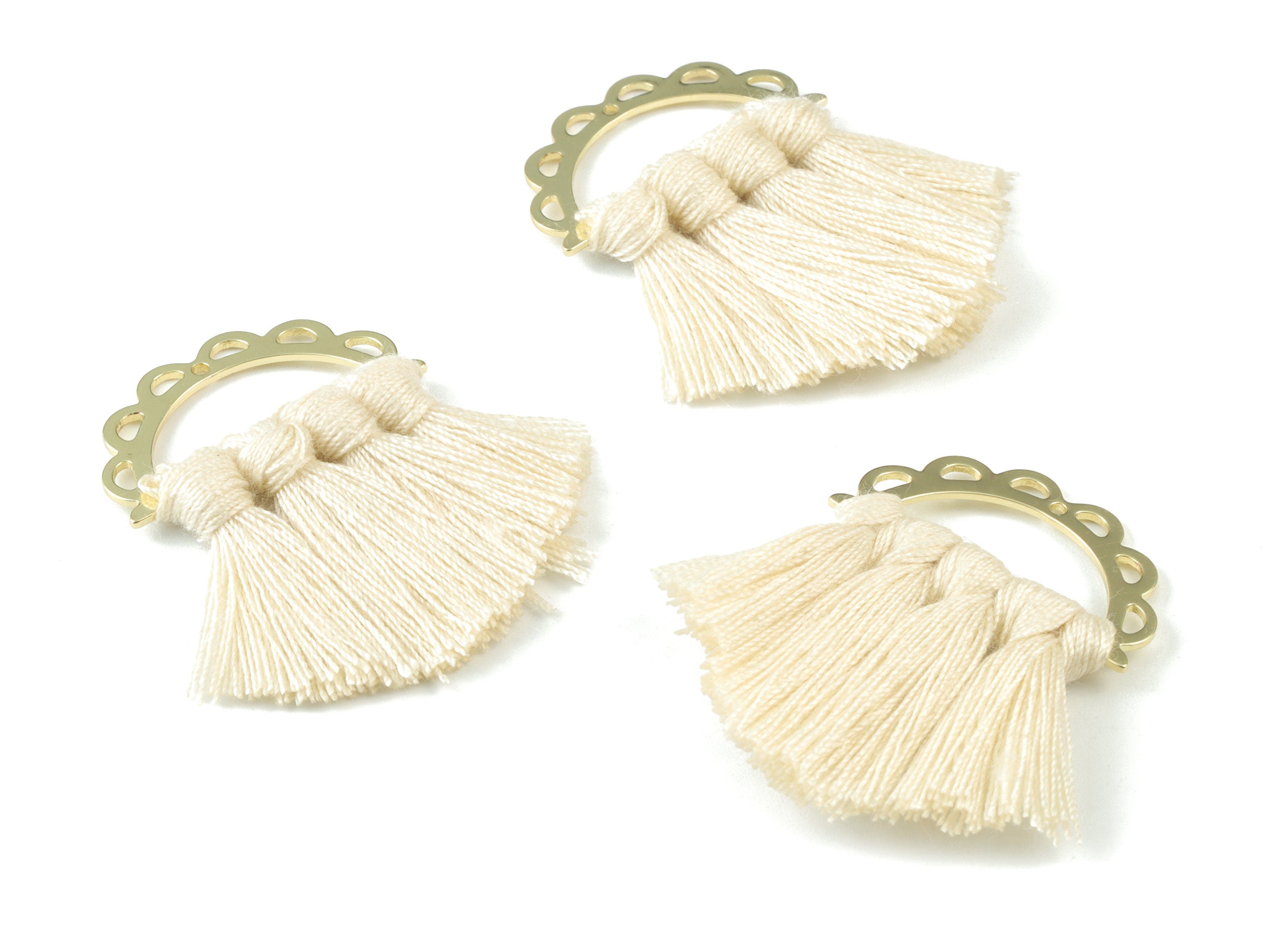 Gold Tone Plated Semi circle Brass - Half Moon Tassel Earring Charms - Cotton Cream Tassels - Fringe Tassel - 44.46x29.94x3.43mm - TSM3057C - DOMEDBAZAAR