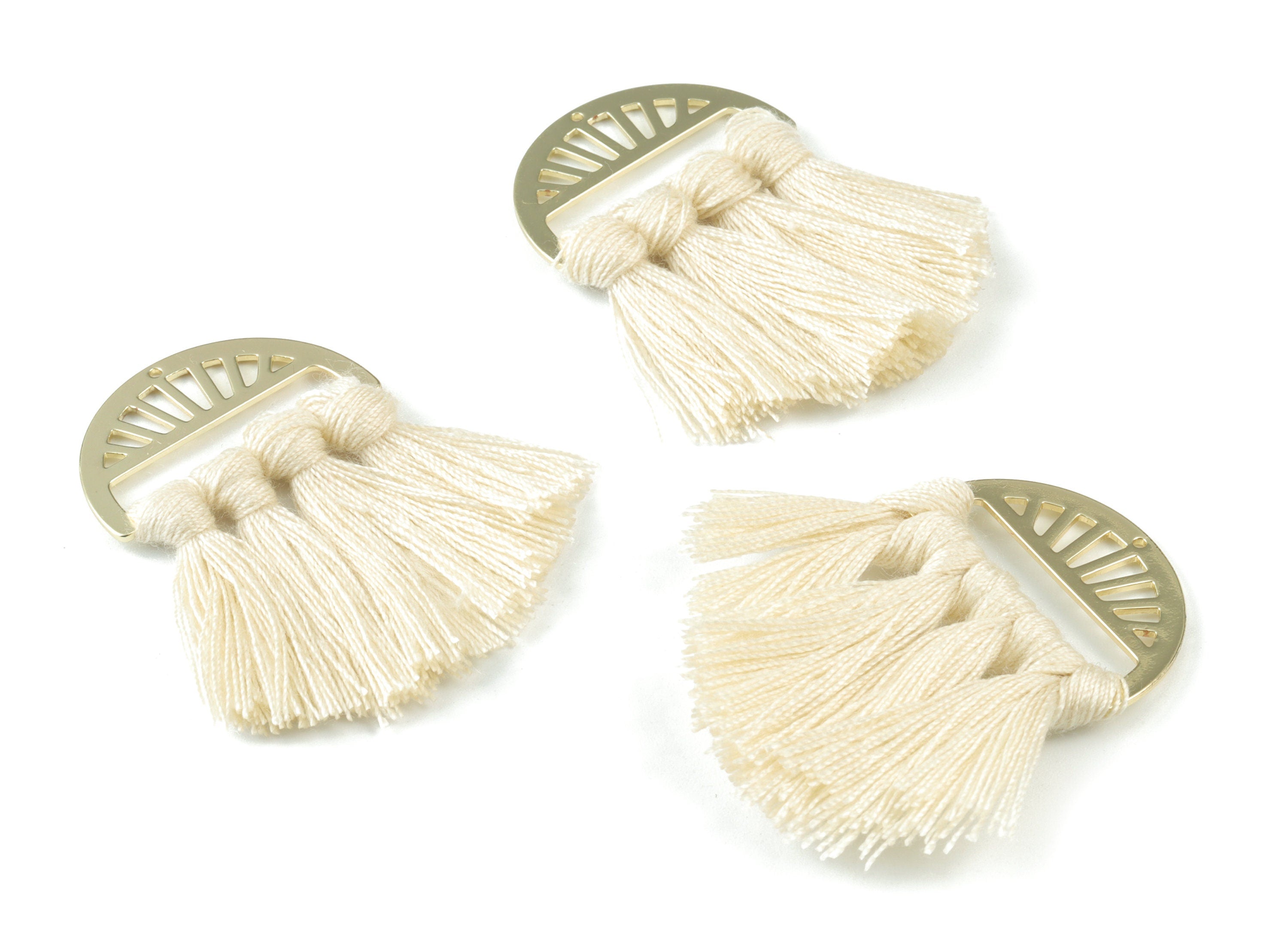Gold Tone Plated Semi circle Brass - Half Moon Tassel Earring Charms - Cotton Cream Tassels - Fringe Tassel - 48.02x30.47x3.56mm - TSM3056C - DOMEDBAZAAR