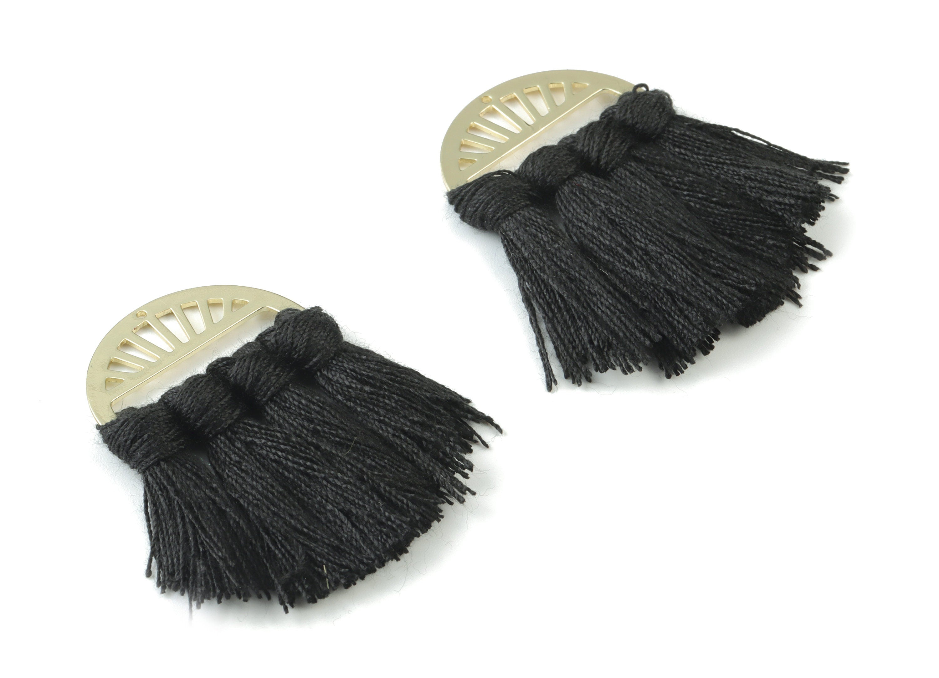 Gold Tone Plated Semi circle Brass - Half Moon Tassel Earring Charms - Cotton Black Tassels - Fringe Tassel - 48.02x30.47x3.56mm - TSM3056B - DOMEDBAZAAR