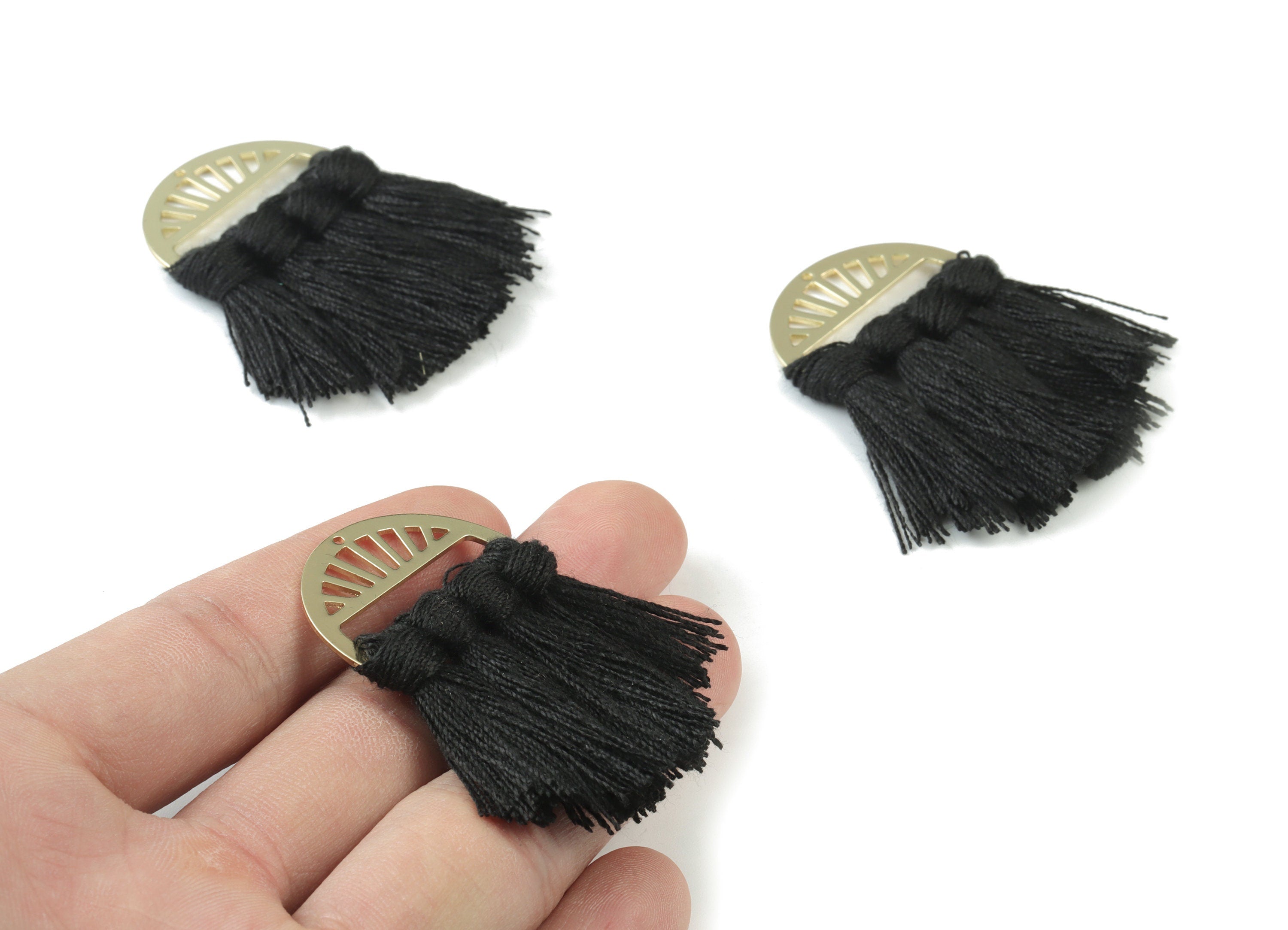 Gold Tone Plated Semi circle Brass - Half Moon Tassel Earring Charms - Cotton Black Tassels - Fringe Tassel - 48.02x30.47x3.56mm - TSM3056B - DOMEDBAZAAR