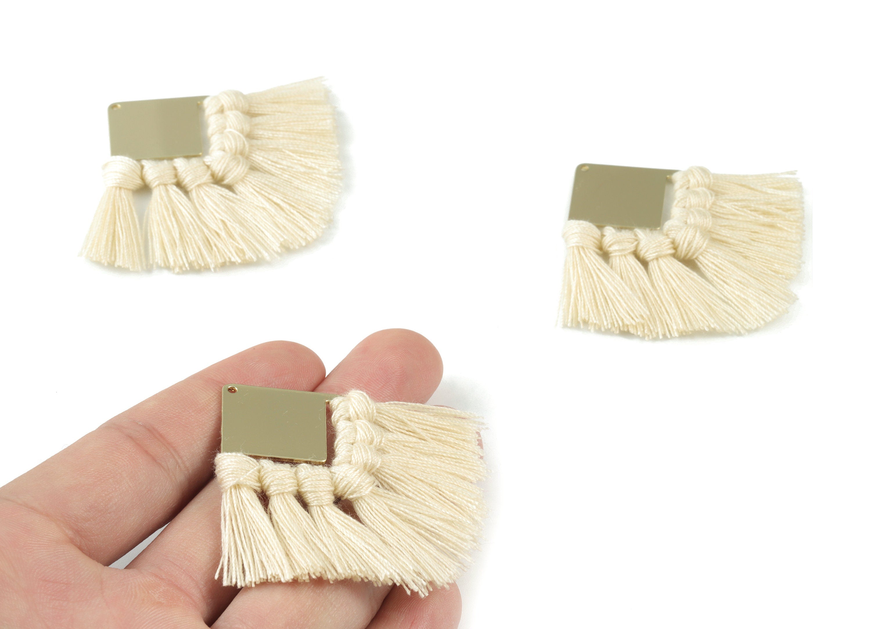 Gold Tone Plated Square Brass - Square Tassel Earring Charms - Cotton Cream Tassels - Fringe Tassel - 58.99x30.22x2.98mm - TSM3071C - DOMEDBAZAAR