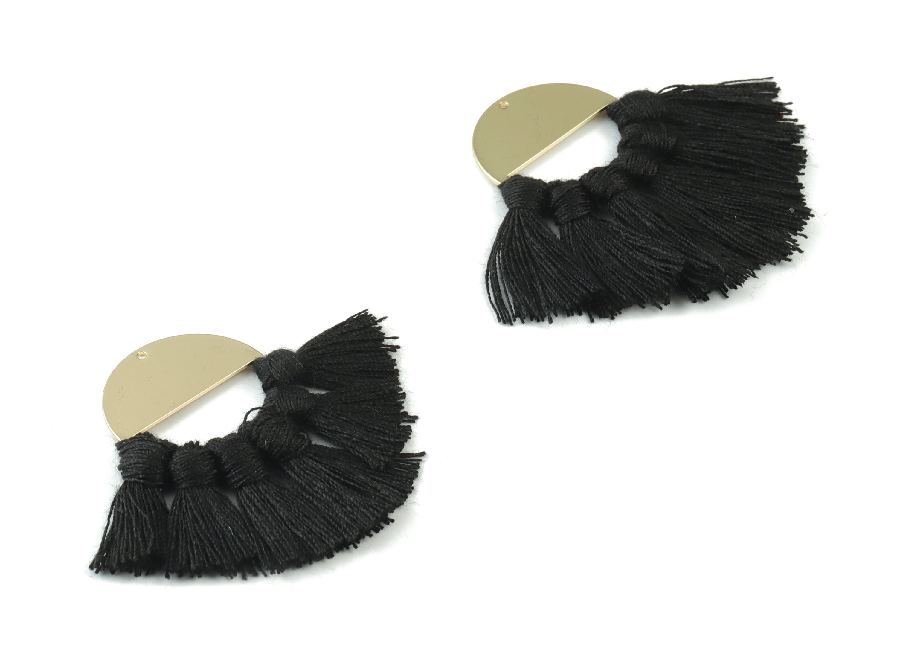 Gold Tone Plated Semi circle Brass - Round Tassel Earring Charms - Cotton Black Tassels - Fringe Tassel - 60.41x31.52x3.4mm - TSM3064B - DOMEDBAZAAR