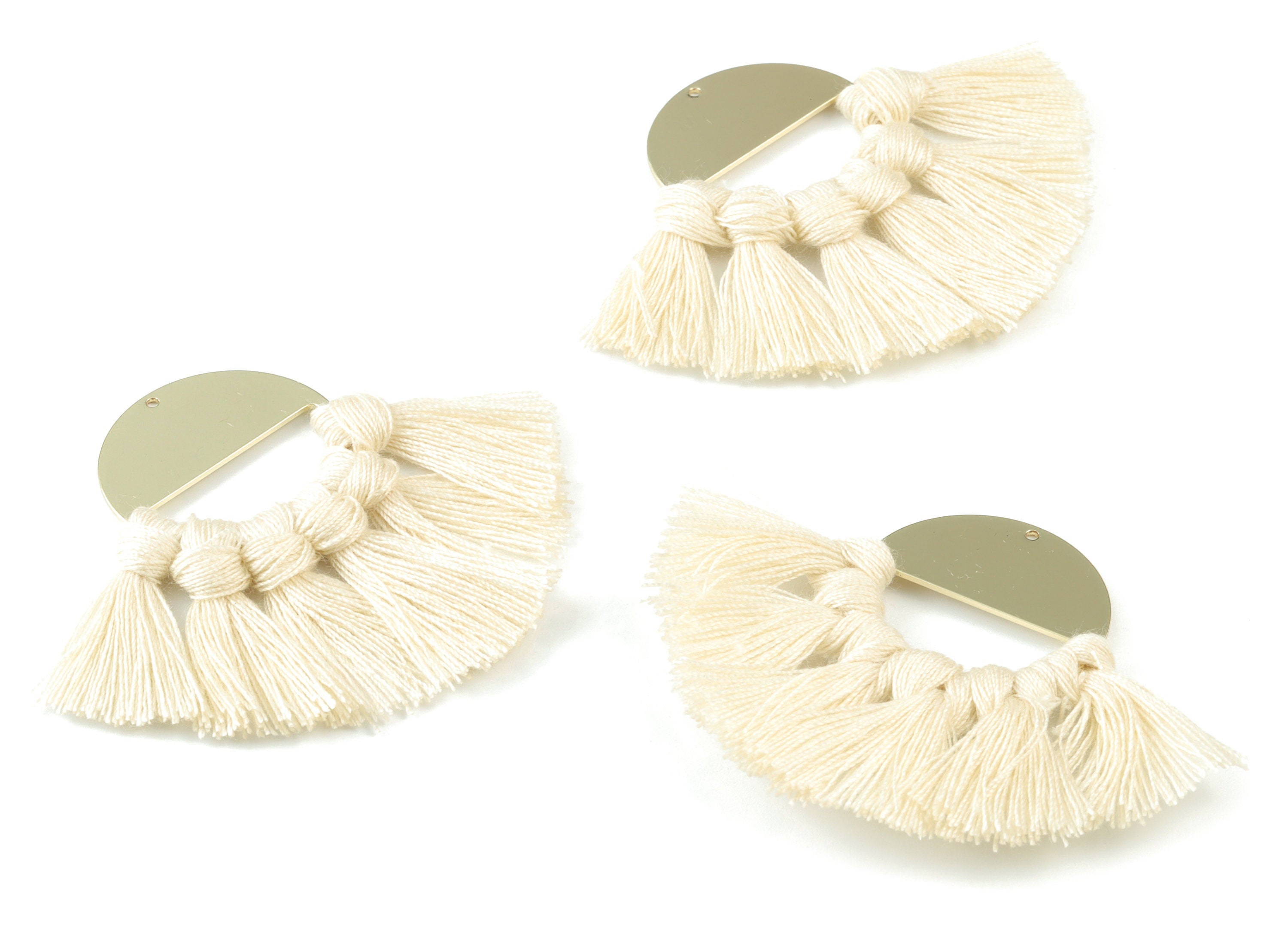Gold Tone Plated Semi circle Brass - Round Tassel Earring Charms - Cotton Cream Tassels - Fringe Tassel - 60.41x31.52x3.4mm - TSM3064C - DOMEDBAZAAR