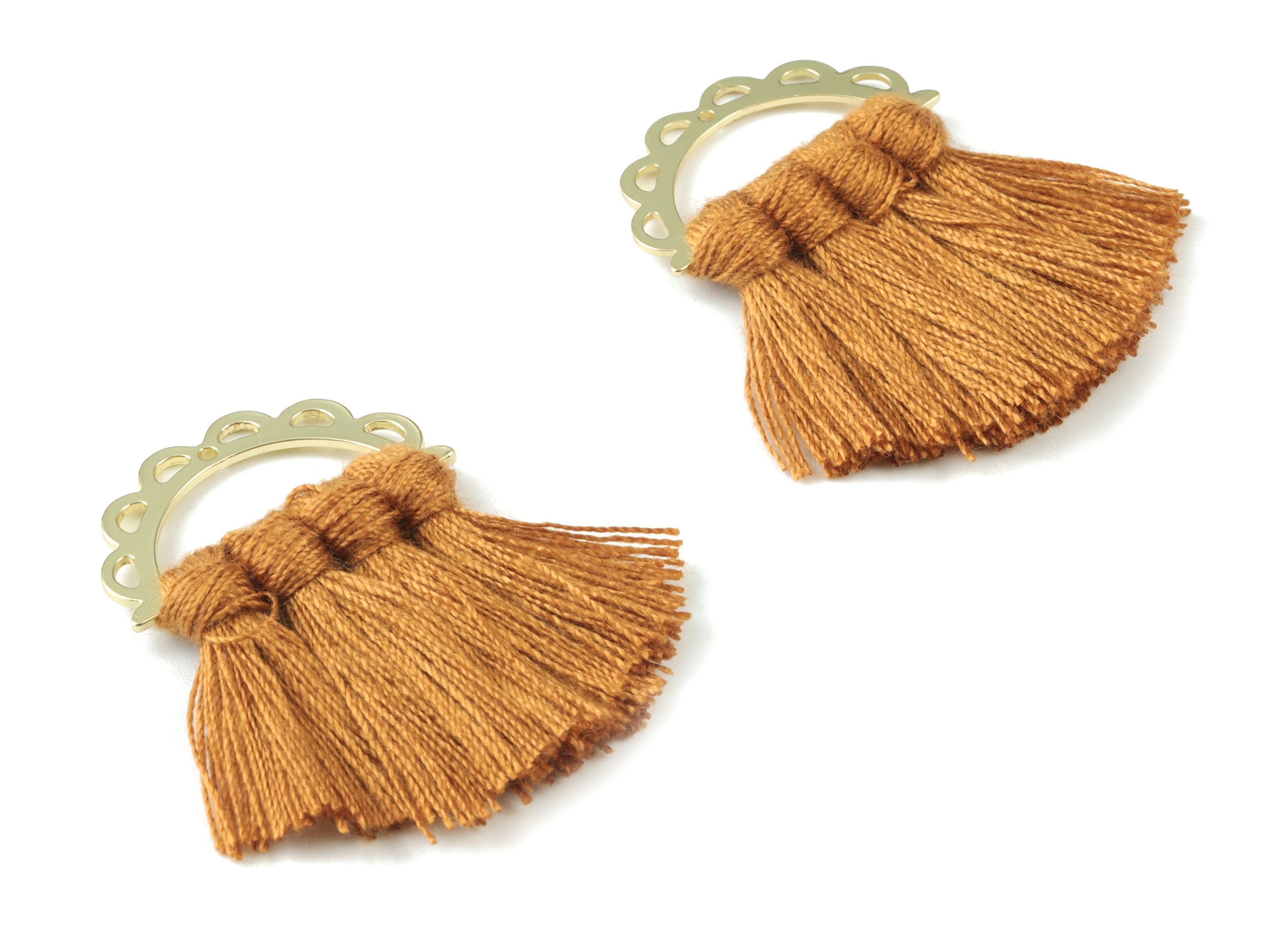 Gold Tone Plated Semi circle Brass - Half Moon Tassel Earring Charms - Cotton Brown Tassels - Fringe Tassel - 44.46x29.94x3.43mm - TSM3057BR - DOMEDBAZAAR