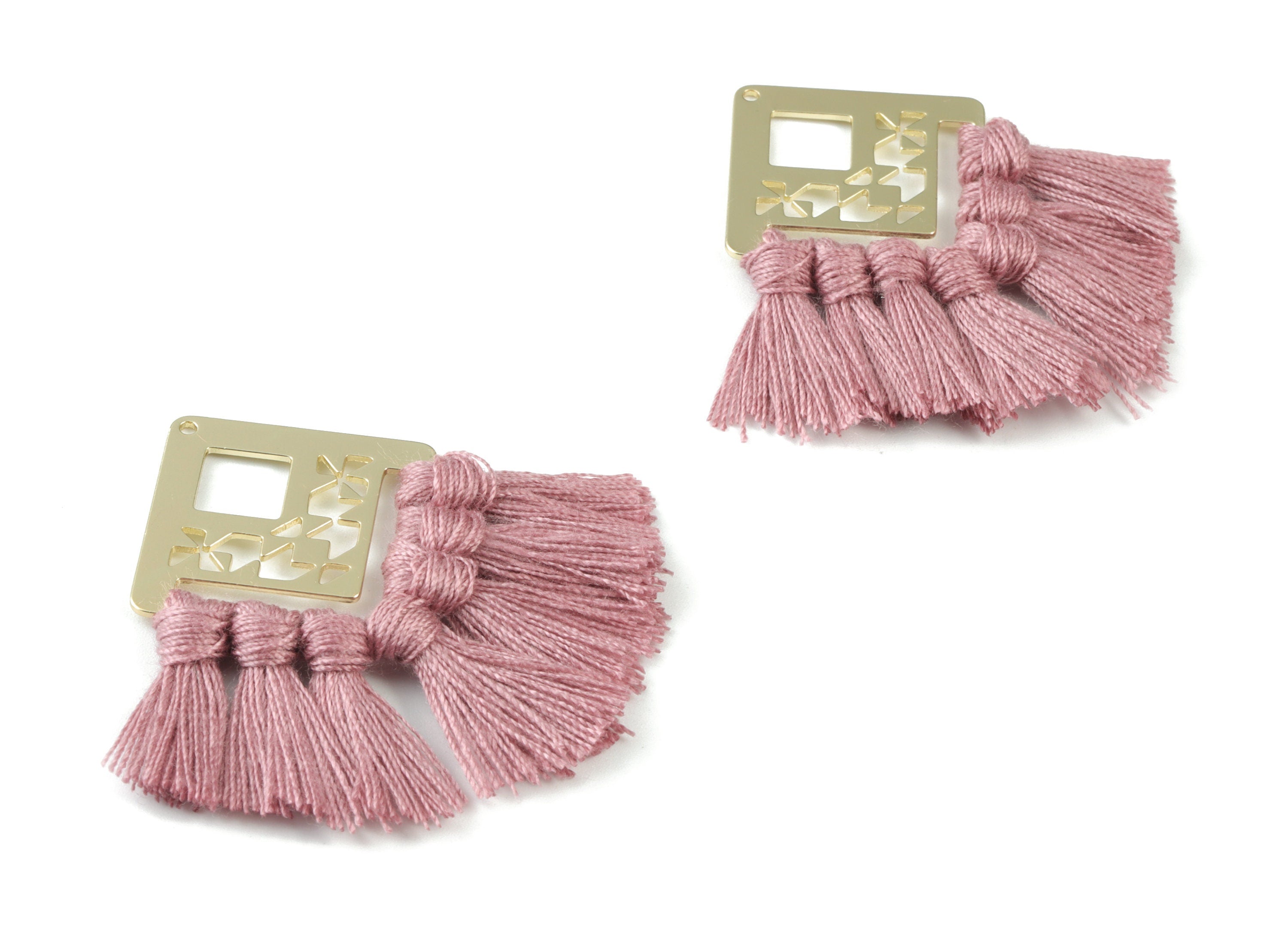 Gold Tone Plated Square Brass - Square Tassel Earring Charms - Cotton Purple Tassels - Fringe Tassel - 54.49x35.16x2.68mm - TSM3075P - DOMEDBAZAAR