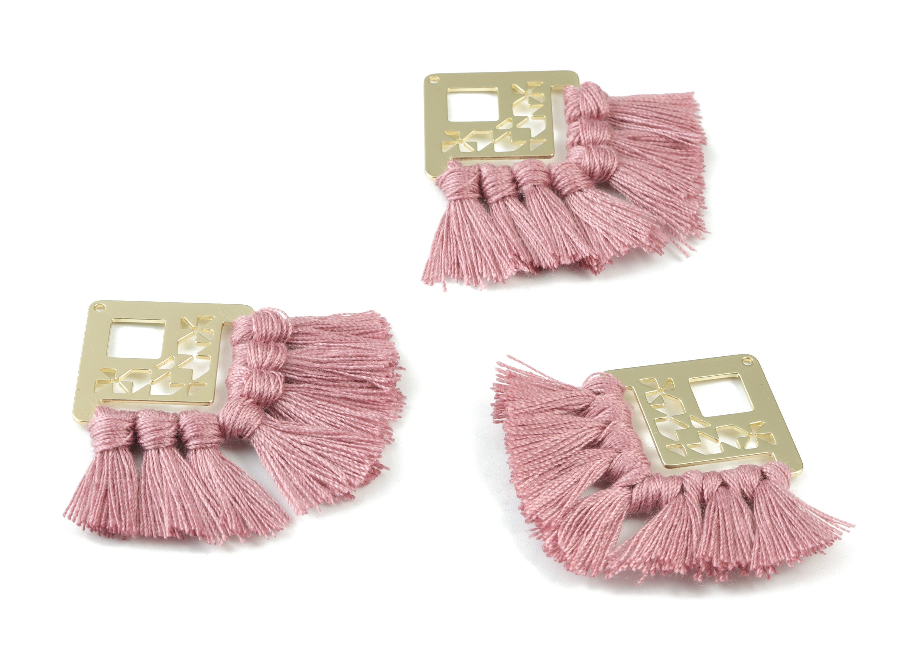 Gold Tone Plated Square Brass - Square Tassel Earring Charms - Cotton Purple Tassels - Fringe Tassel - 54.49x35.16x2.68mm - TSM3075P - DOMEDBAZAAR
