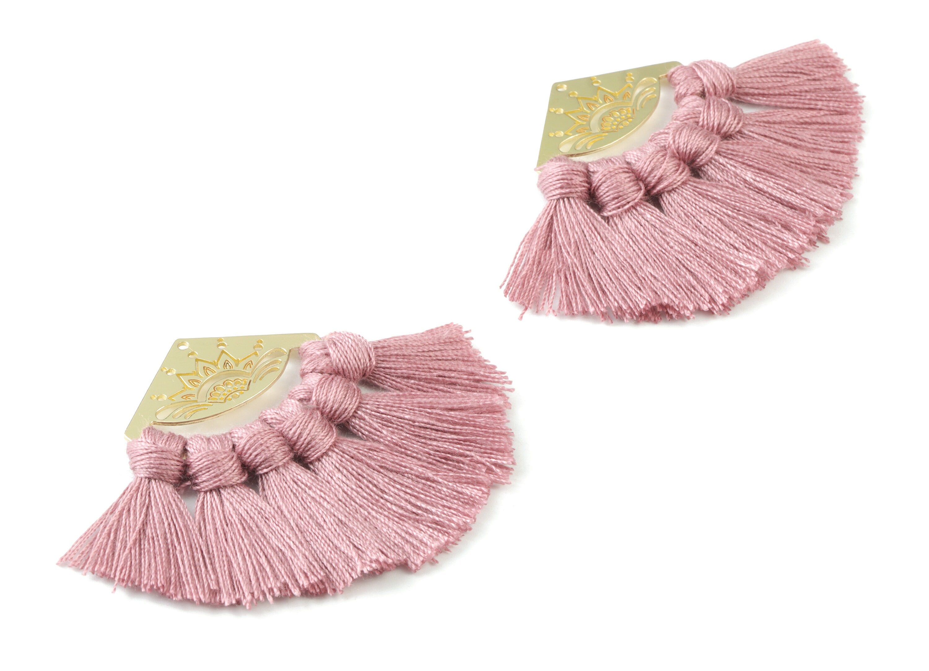 Gold Tone Plated Semi circle Brass - Half Moon Tassel Earring Charms - Cotton Flower Purple Tassels - 54.12x35.16x2.91mm - TSM3021P - DOMEDBAZAAR