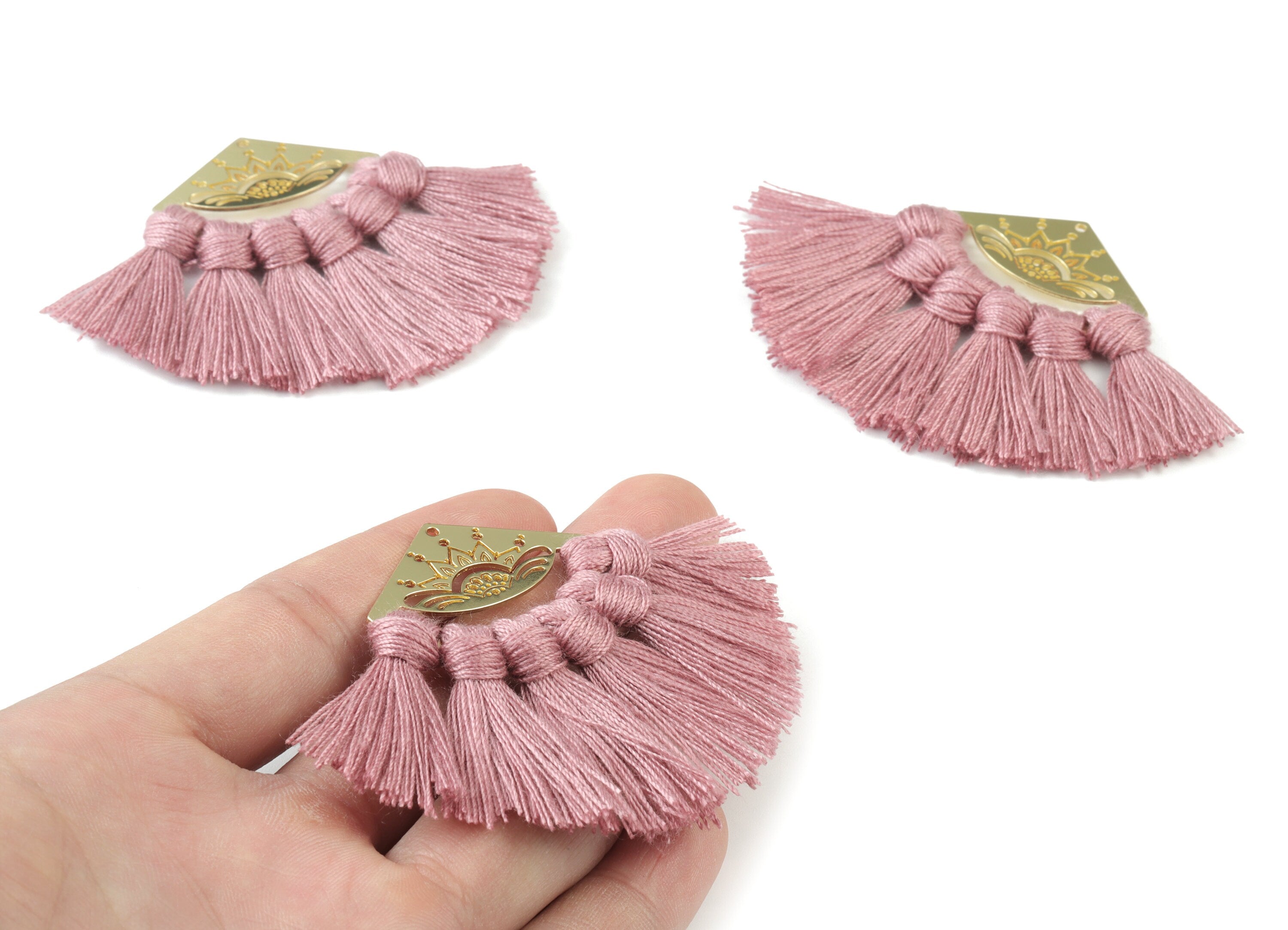 Gold Tone Plated Semi circle Brass - Half Moon Tassel Earring Charms - Cotton Flower Purple Tassels - 54.12x35.16x2.91mm - TSM3021P - DOMEDBAZAAR