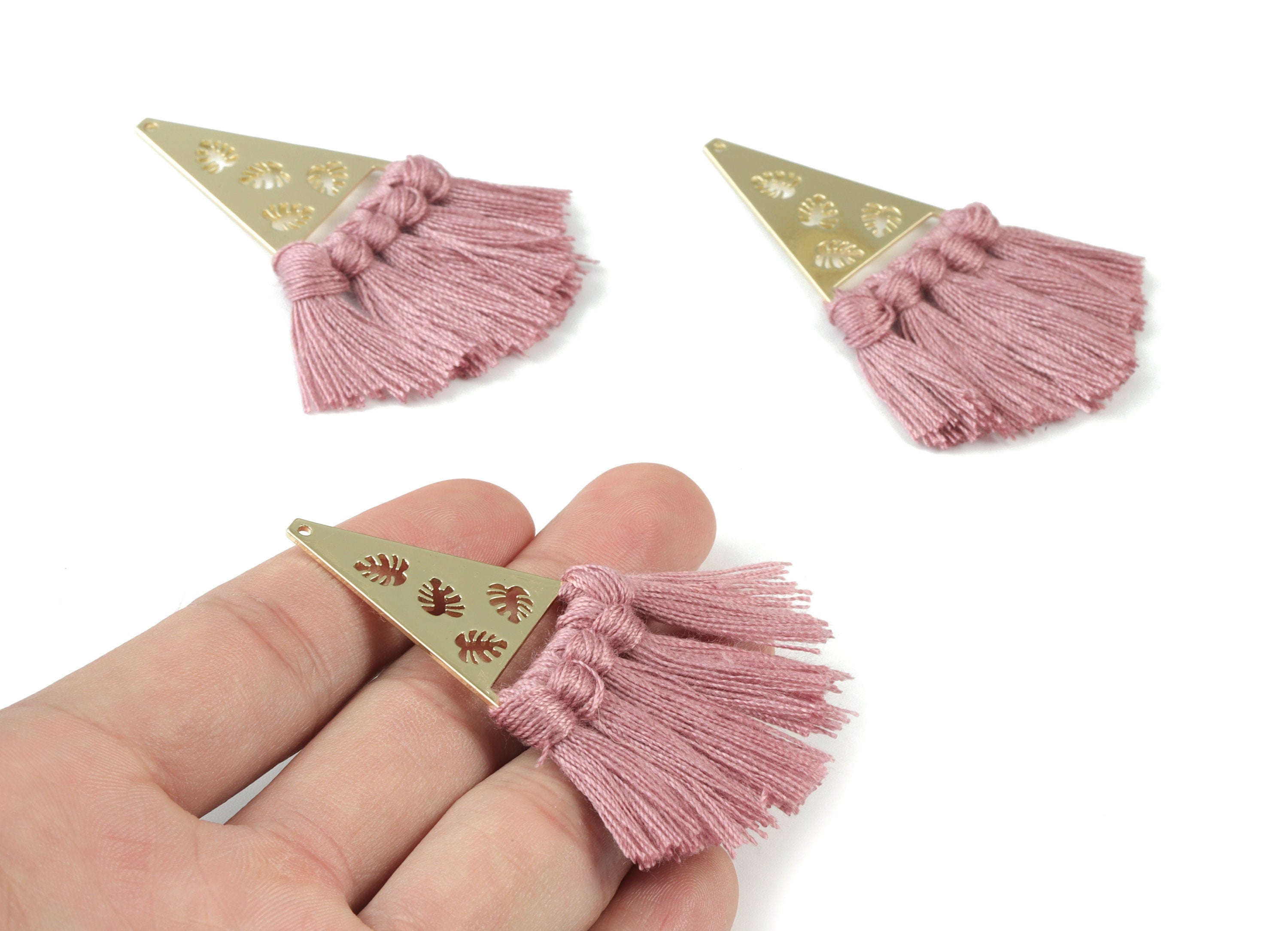 Gold Tone Plated Triangle Brass Cotton - Triangle Tassel Earring Charms - Purple Tassels - Fringe Tassel - 64.98x24.92x3.41mm - TSM3084P - DOMEDBAZAAR