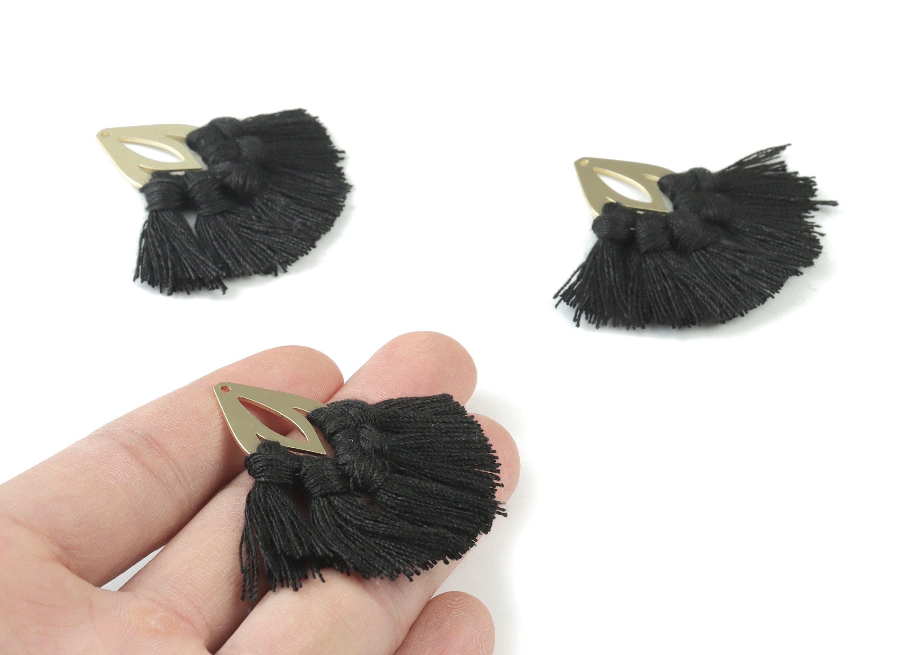 Gold Tone Plated Drop Brass - Drop Tassel Earring Charms - Cotton Black Tassels - Fringe Tassel - 45.29x18.55x3.51mm - TSM3069B - DOMEDBAZAAR