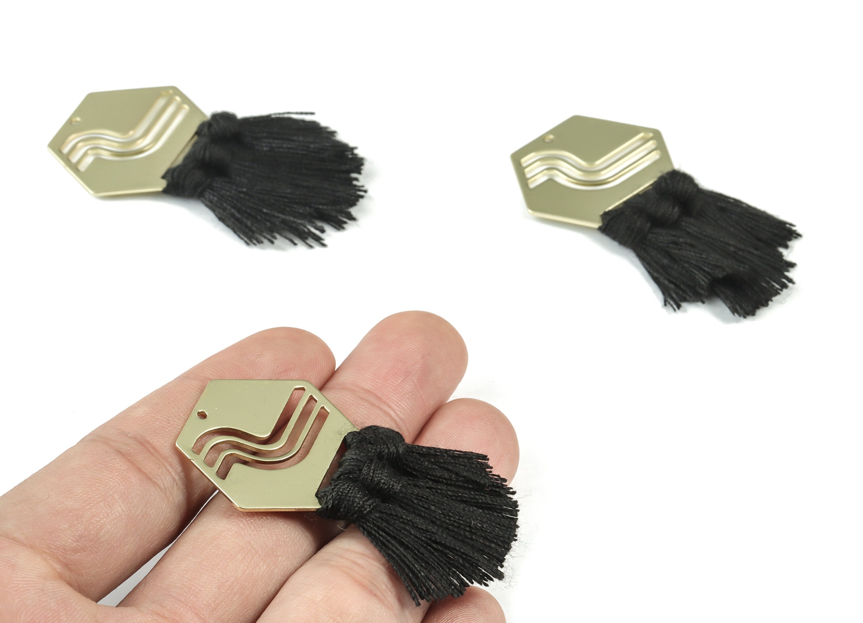 Gold Tone Plated Hexagon Brass - Hexagon Tassel Earring Charms - Cotton Black Tassels - Fringe Tassel - 53.8x30.05x3.1mm - TSM1949B - DOMEDBAZAAR