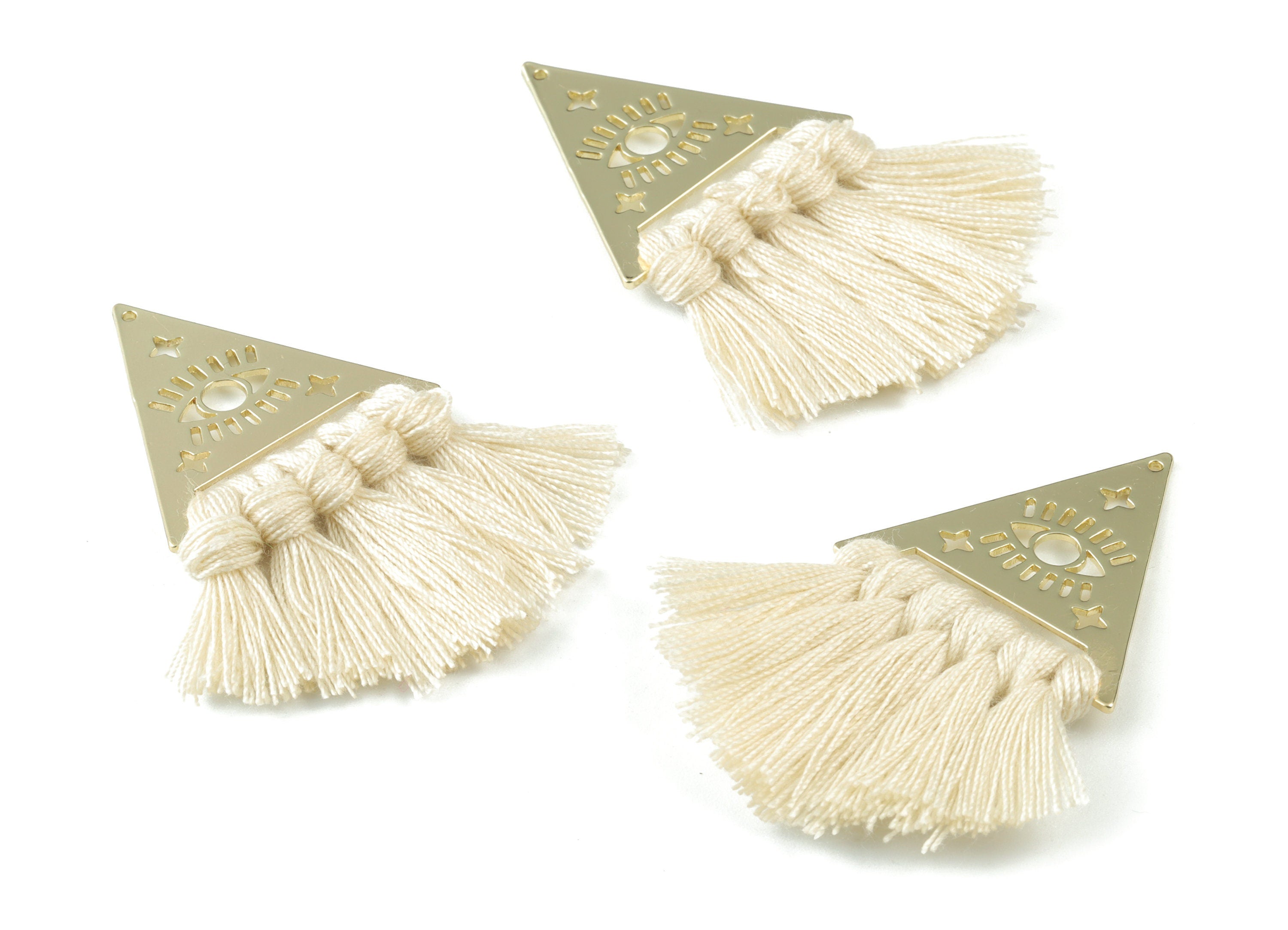 Gold Tone Plated Triangle Brass Cotton - Triangle Eye Tassel Earring Charms - Cream Tassels - Fringe Tassel - 56.74x31.74x3.04mm - TSM3063C - DOMEDBAZAAR