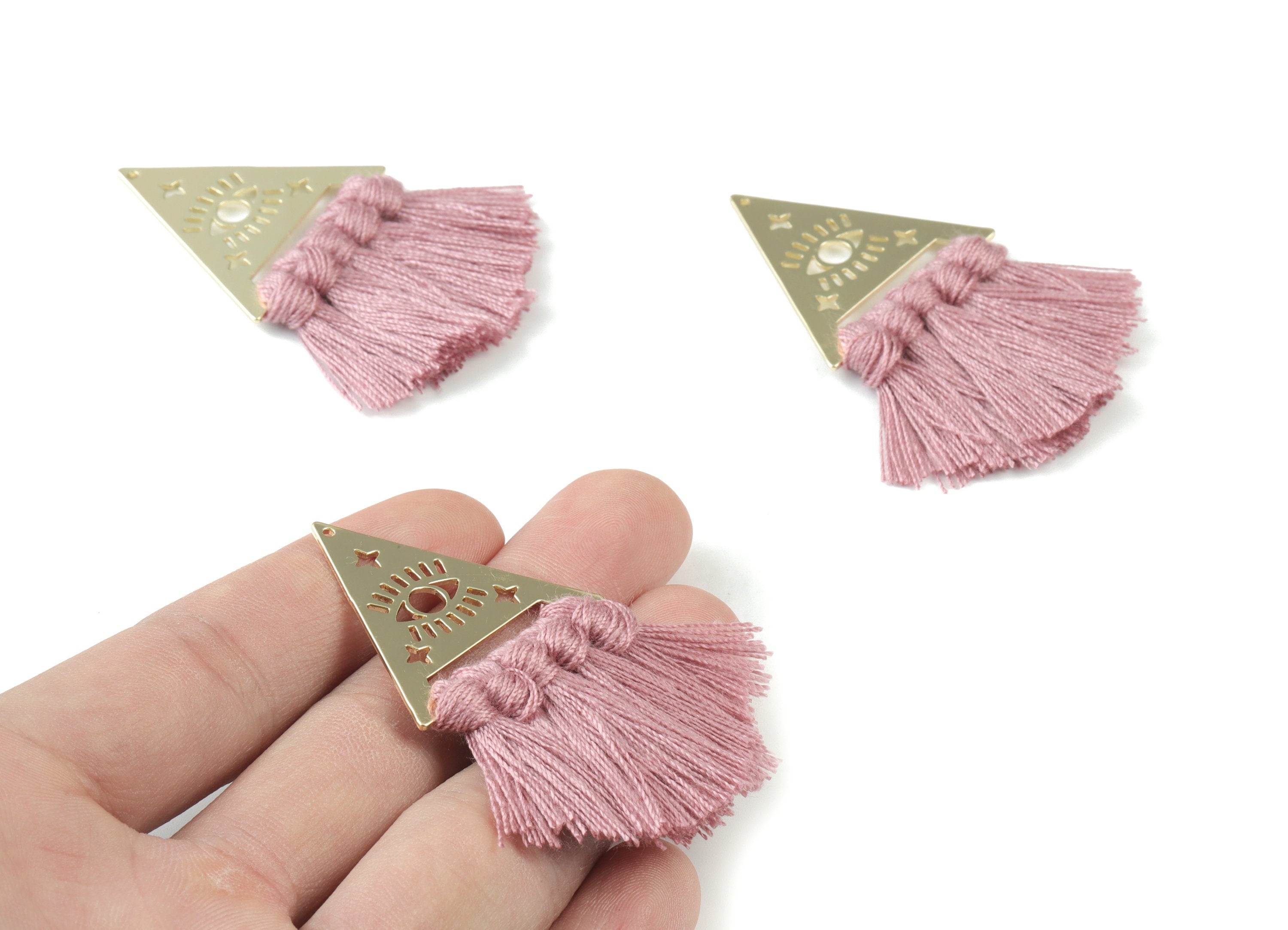 Gold Tone Plated Triangle Brass Cotton - Triangle Eye Tassel Earring Charms - Purple Tassels - Fringe Tassel - 56.74x31.74x3.04mm - TSM3063P - DOMEDBAZAAR