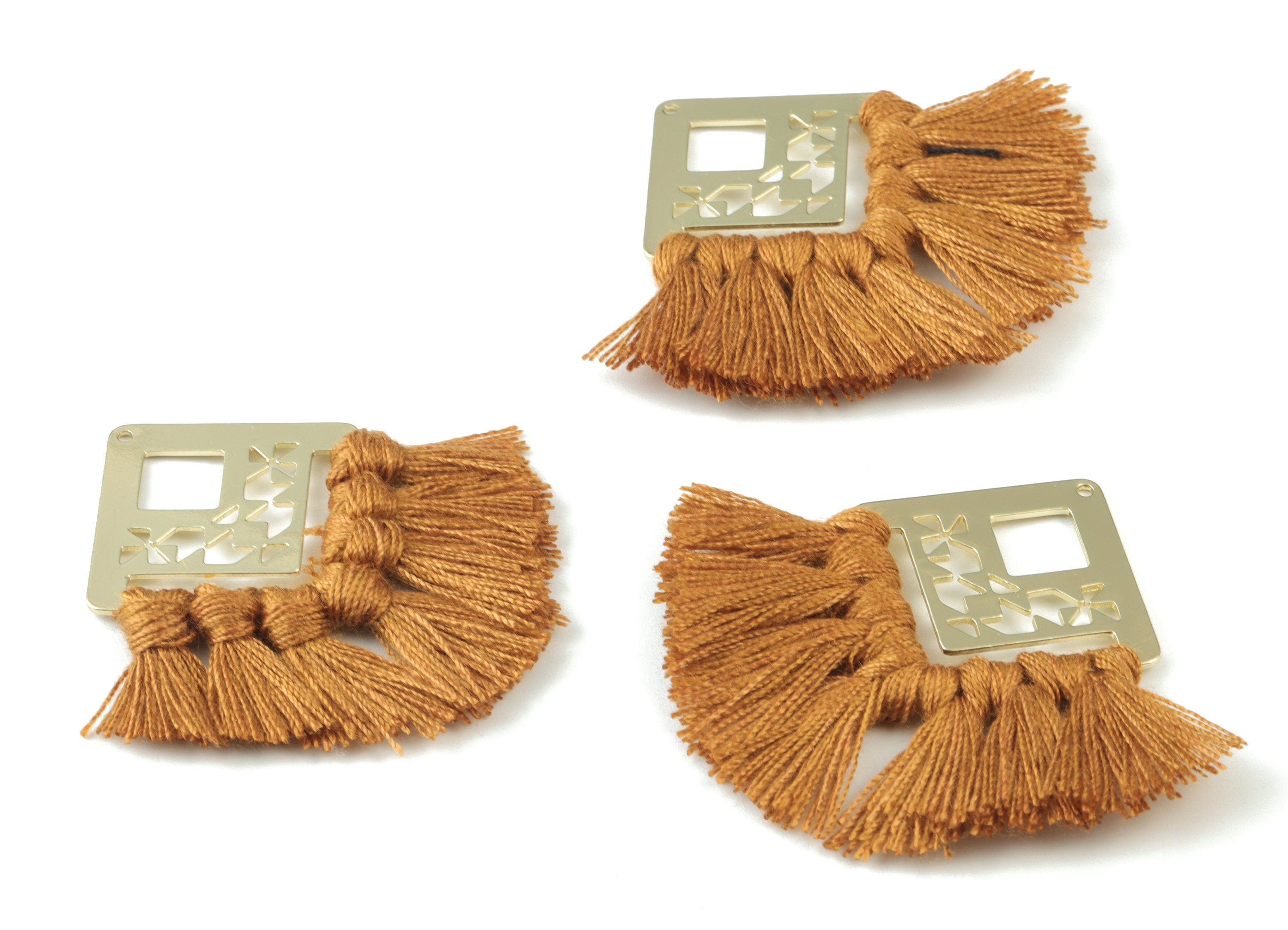 Gold Tone Plated Square Brass - Square Tassel Earring Charms - Cotton Brown Tassels - Fringe Tassel - 54.49x35.16x2.68mm - TSM3075BR - DOMEDBAZAAR