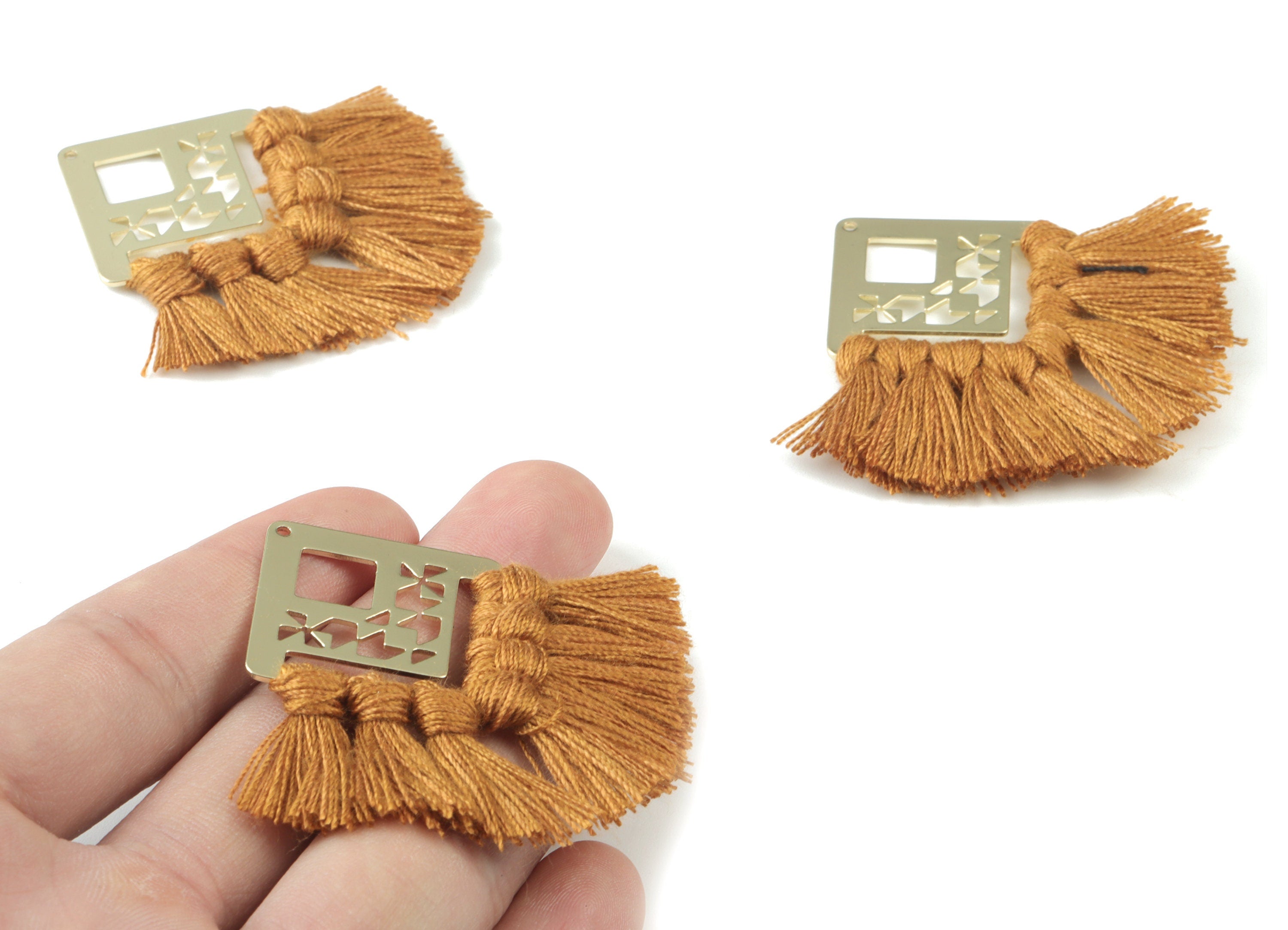 Gold Tone Plated Square Brass - Square Tassel Earring Charms - Cotton Brown Tassels - Fringe Tassel - 54.49x35.16x2.68mm - TSM3075BR - DOMEDBAZAAR