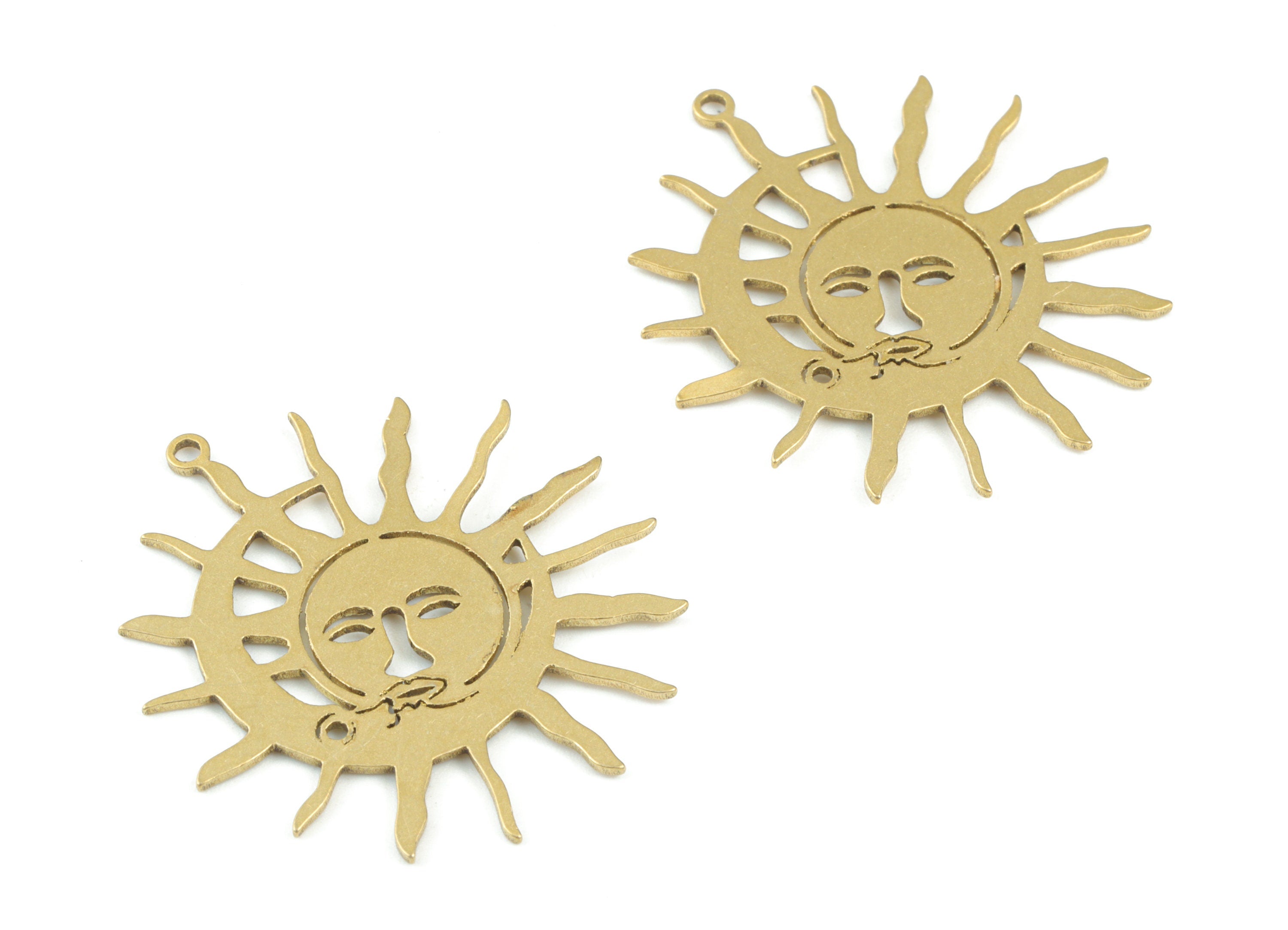Crescent Sun Faces Pendant - Raw Brass Moon Sun Earring Charms - Face Star Moon Earrings- Jewelry Making Supplies - 31x29x0.8mm - PPM3685 - DOMEDBAZAAR