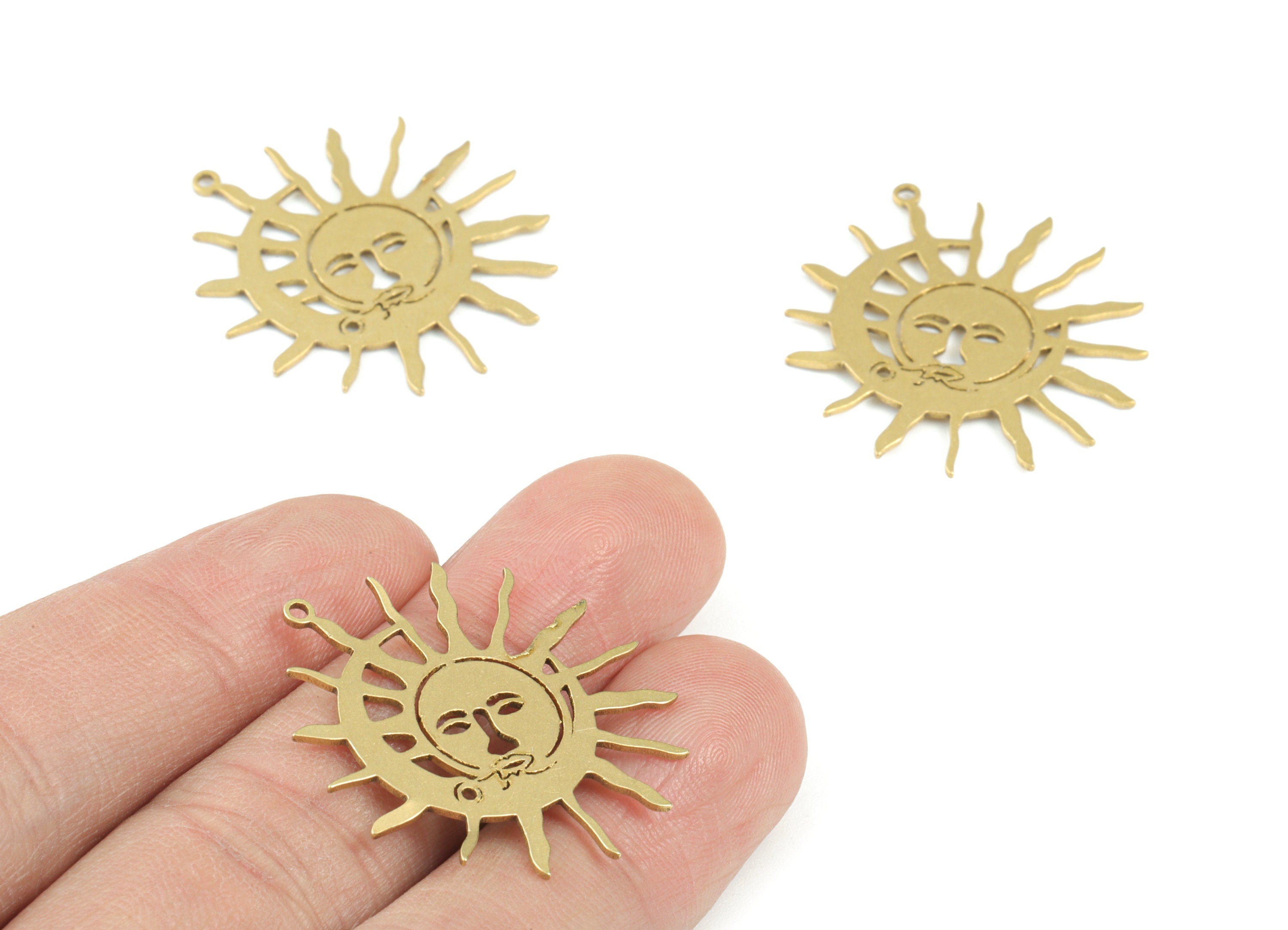 Crescent Sun Faces Pendant - Raw Brass Moon Sun Earring Charms - Face Star Moon Earrings- Jewelry Making Supplies - 31x29x0.8mm - PPM3685 - DOMEDBAZAAR