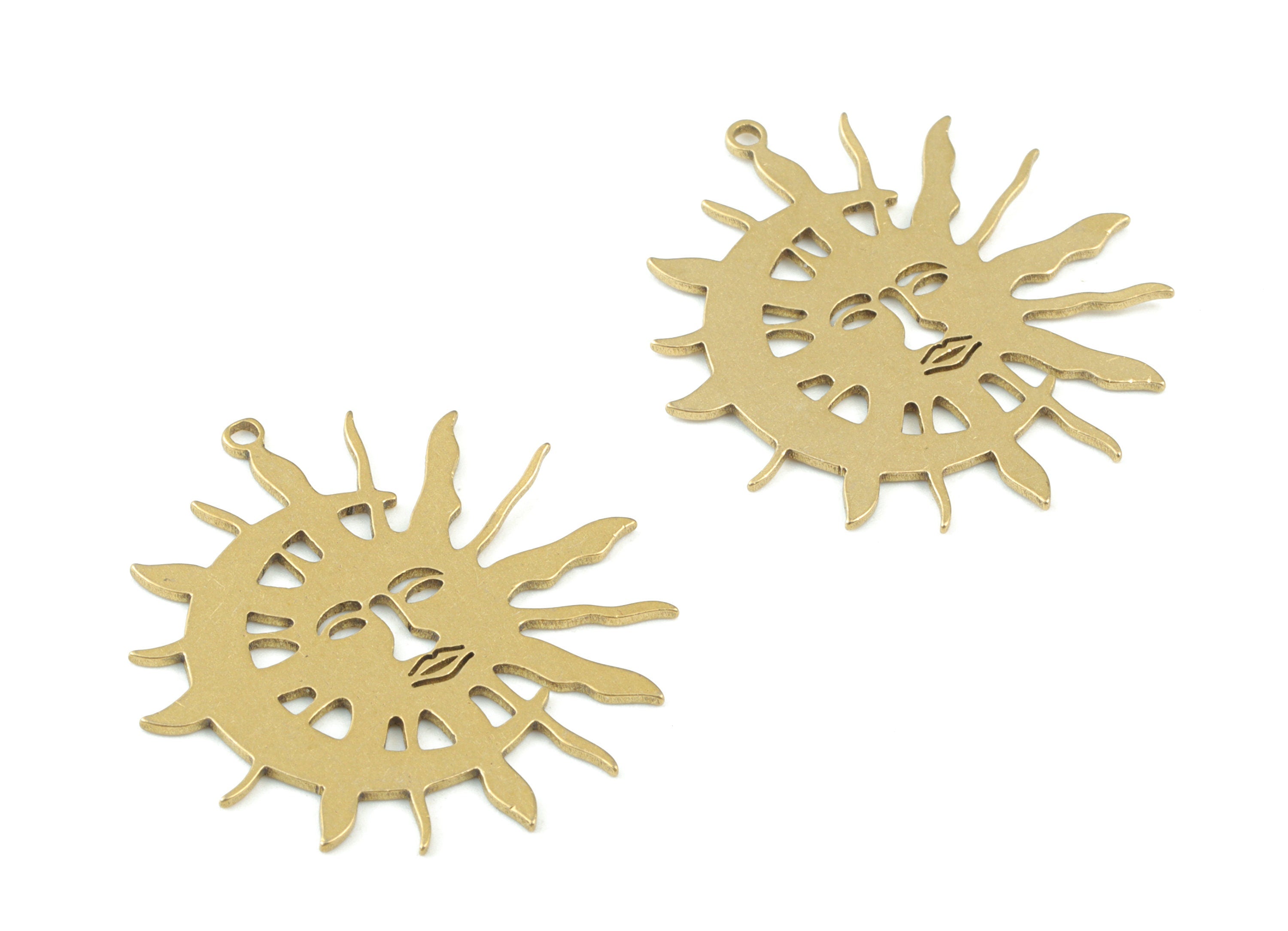 Sun Crescent Pendant - Raw Brass Sun Face Moon Earring Charms - Jewelry Making Supplies - 30x29x08mm - PPM3654 - DOMEDBAZAAR