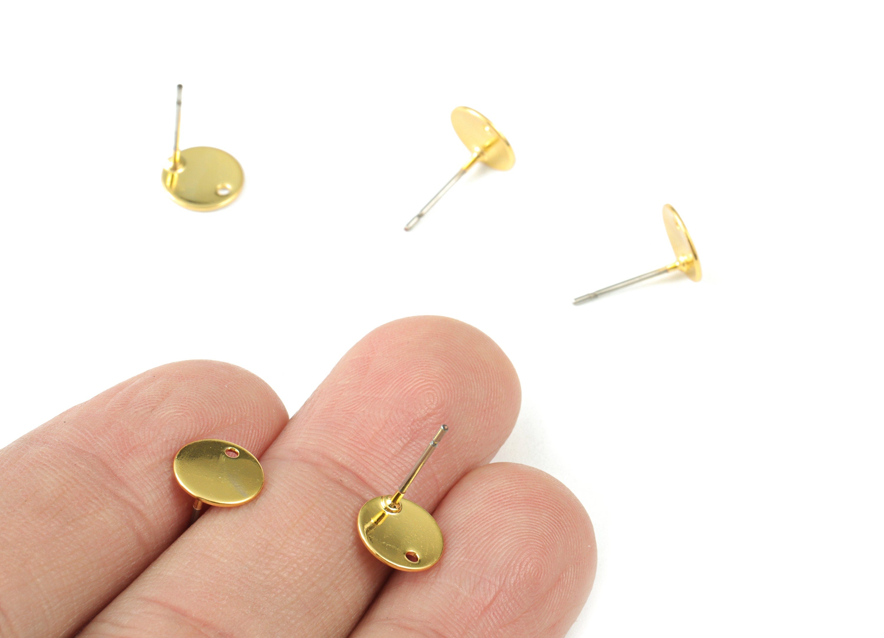 Gold Mini Round Earring Stud With Hole - KC Gold  Tone Plated Brass Circle Earring Post - 316 Stainless Steel - 8x8x0.8mm - PP3608KCG - DOMEDBAZAAR